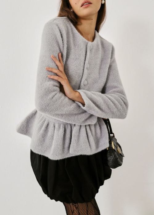 Aurora Peplum Soft Knit Cardigan | Pearl Grey