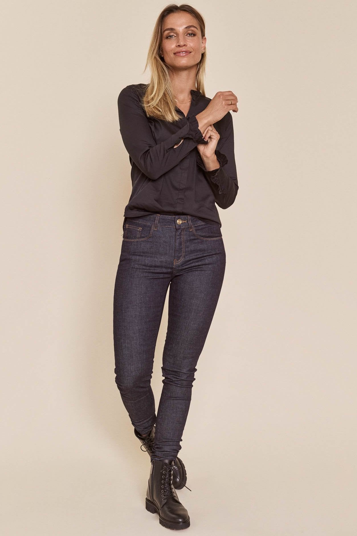 Alli Cover Jeans | Dark Blue | Højttaljet slim fit jeans fra Mos Mosh