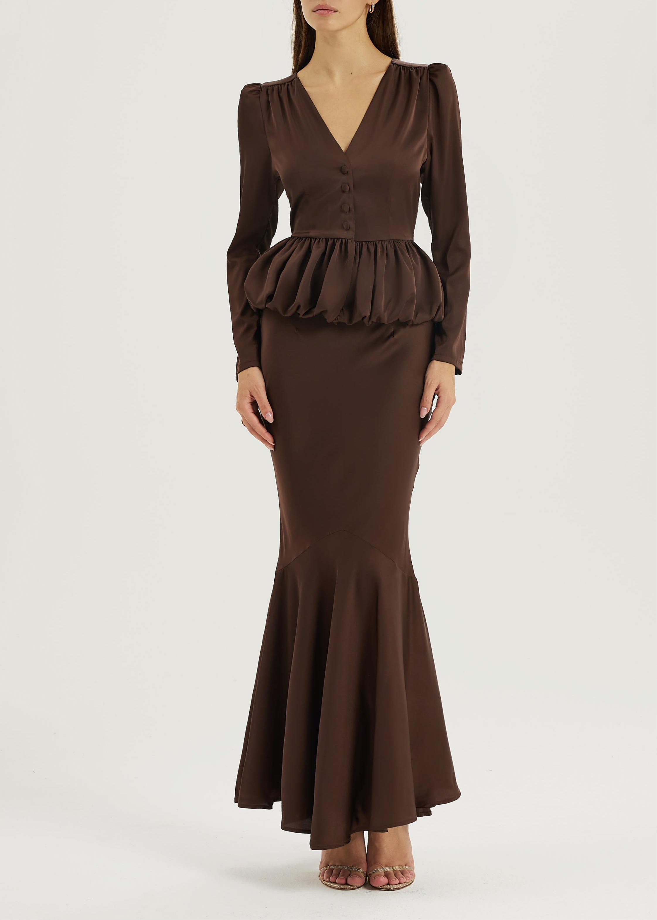 Alexandra Puffball Hem Satin Blouse | Cocoa