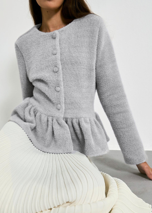 Aurora Peplum Soft Knit Cardigan | Pearl Grey