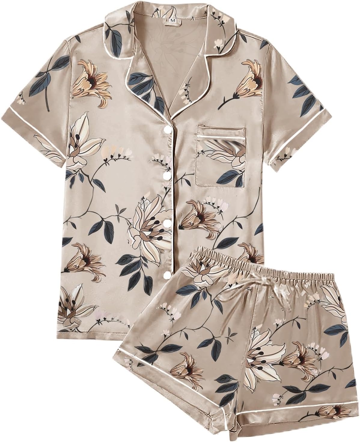 DAMEPYJAMAS I SATENG – 4-DELT SETT MED BLOMSTERMØNSTER | LUKSUSNATTØY XS–4XL