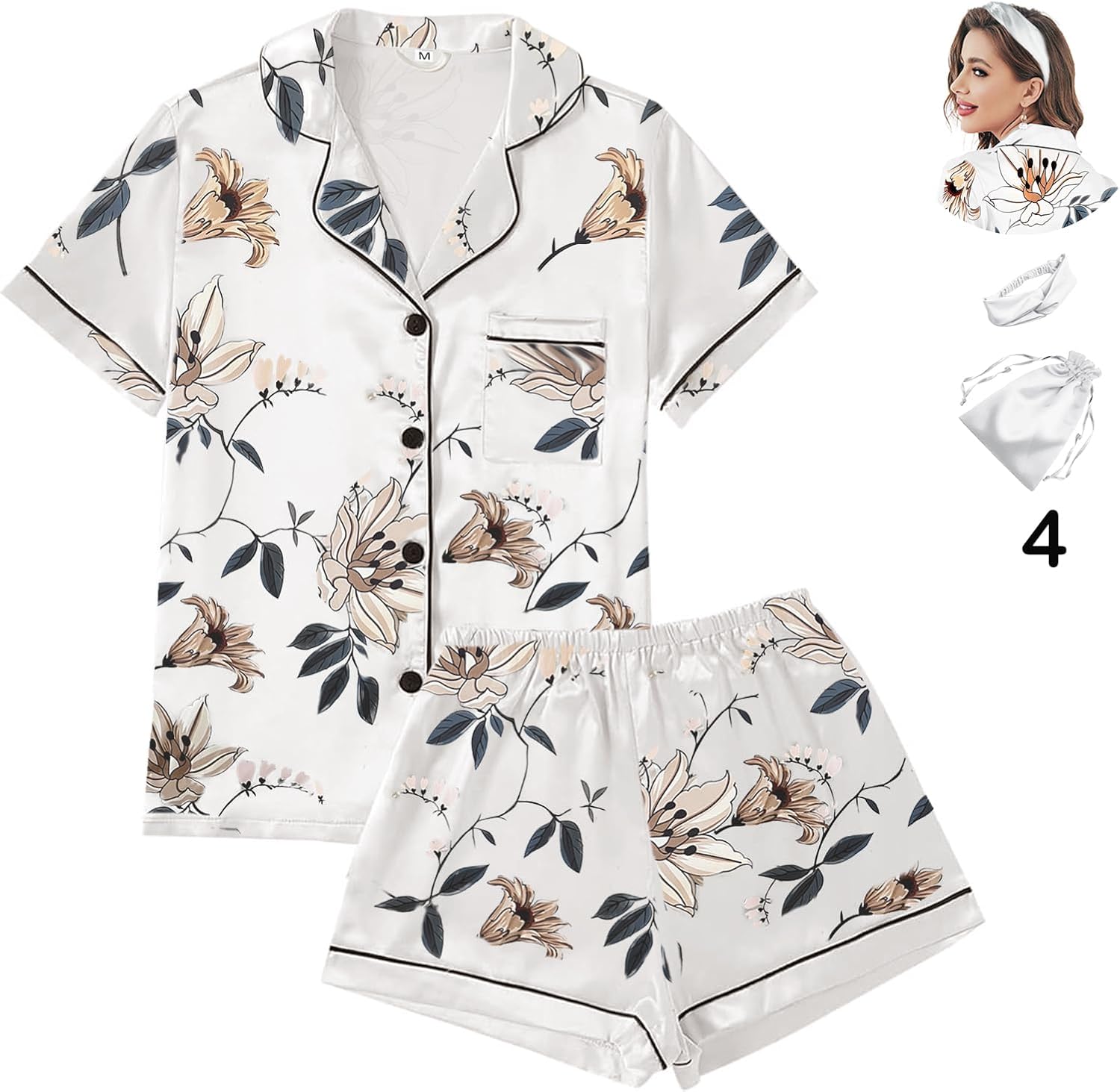 DAMEPYJAMAS I SATENG – 4-DELT SETT MED BLOMSTERMØNSTER | LUKSUSNATTØY XS–4XL