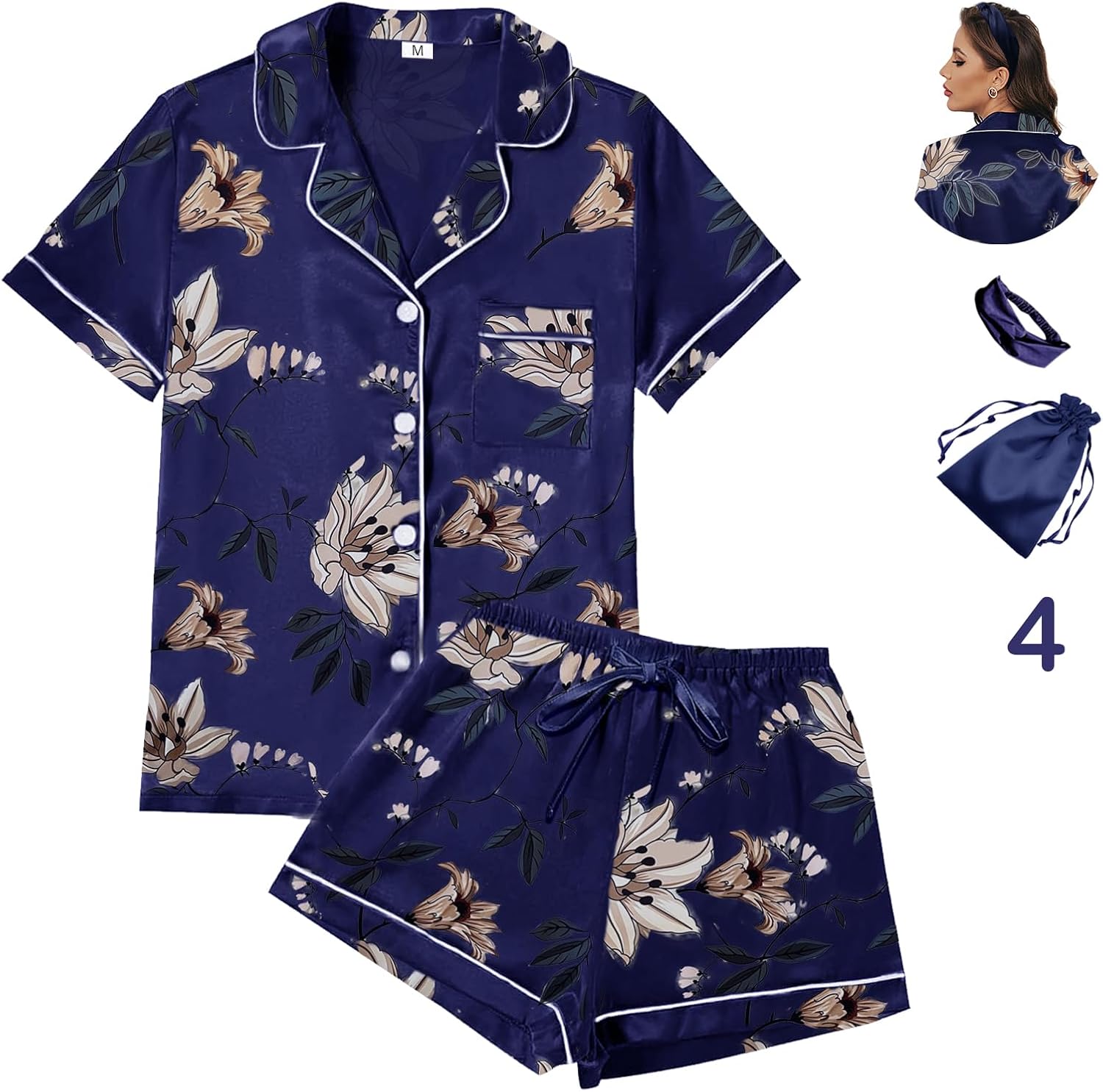 DAMEPYJAMAS I SATENG – 4-DELT SETT MED BLOMSTERMØNSTER | LUKSUSNATTØY XS–4XL