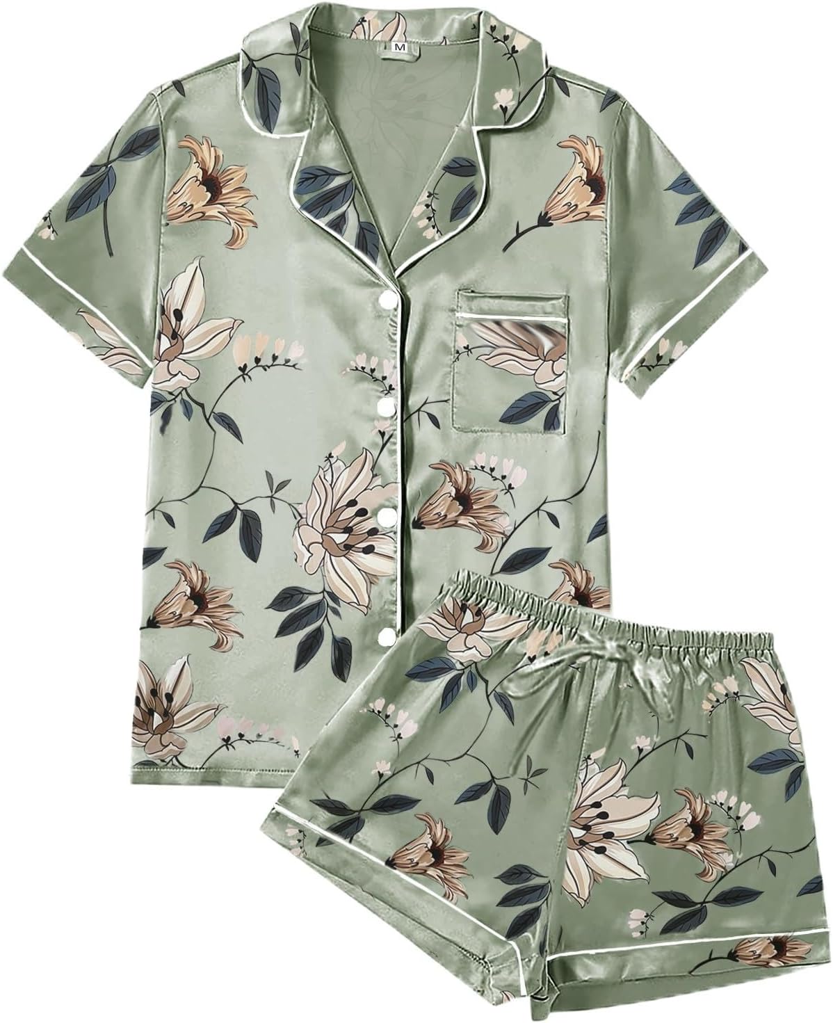 DAMEPYJAMAS I SATENG – 4-DELT SETT MED BLOMSTERMØNSTER | LUKSUSNATTØY XS–4XL