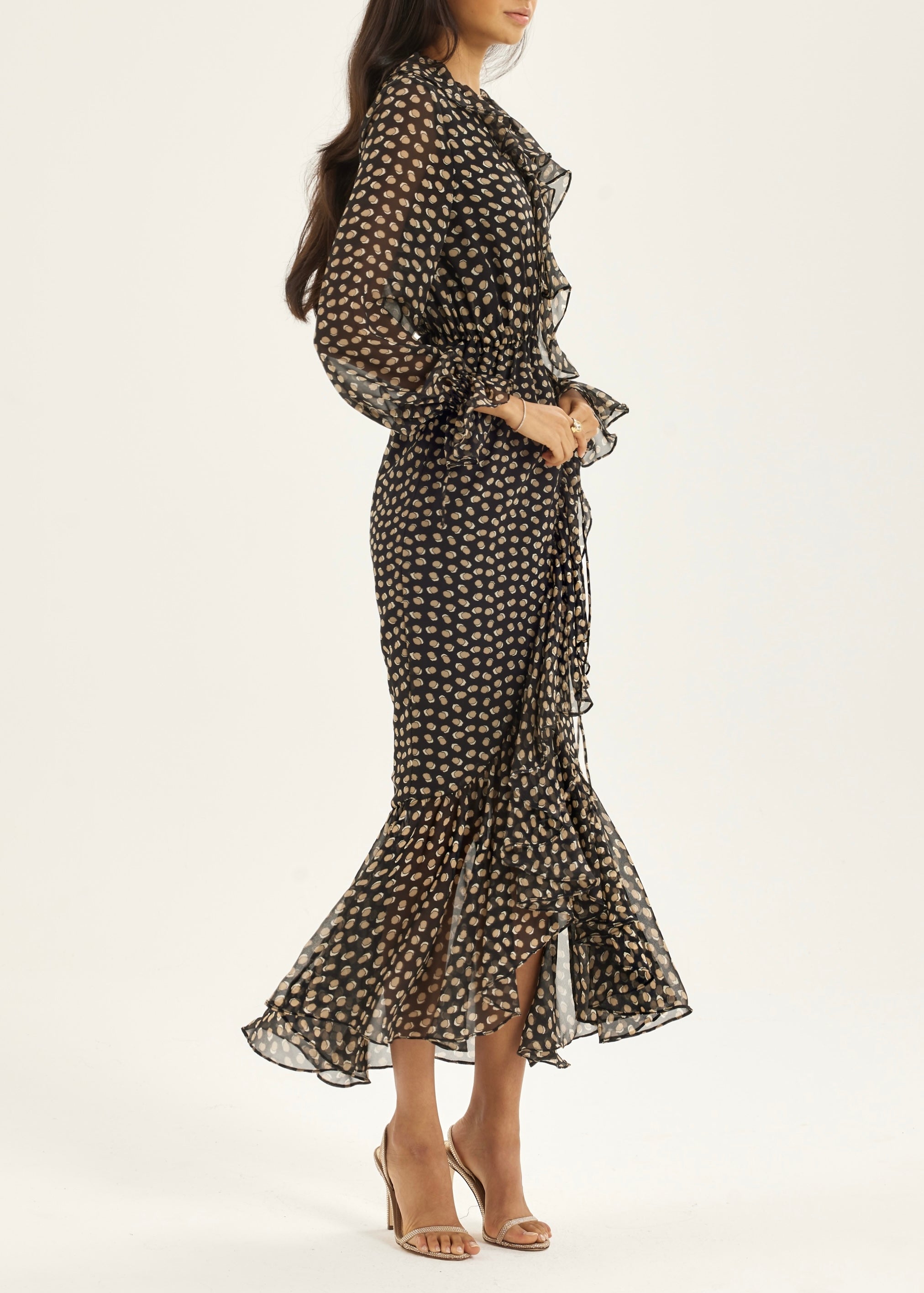 Meryl Tie Wrap Printed Maxi Dress | Black/Brown