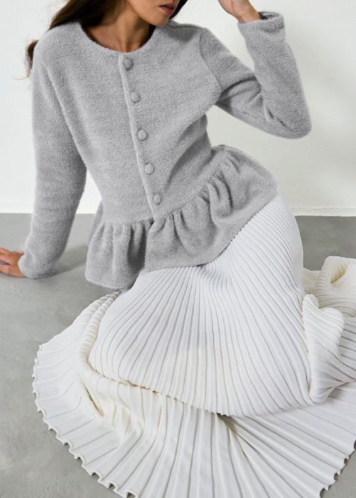 Aurora Peplum Soft Knit Cardigan | Pearl Grey