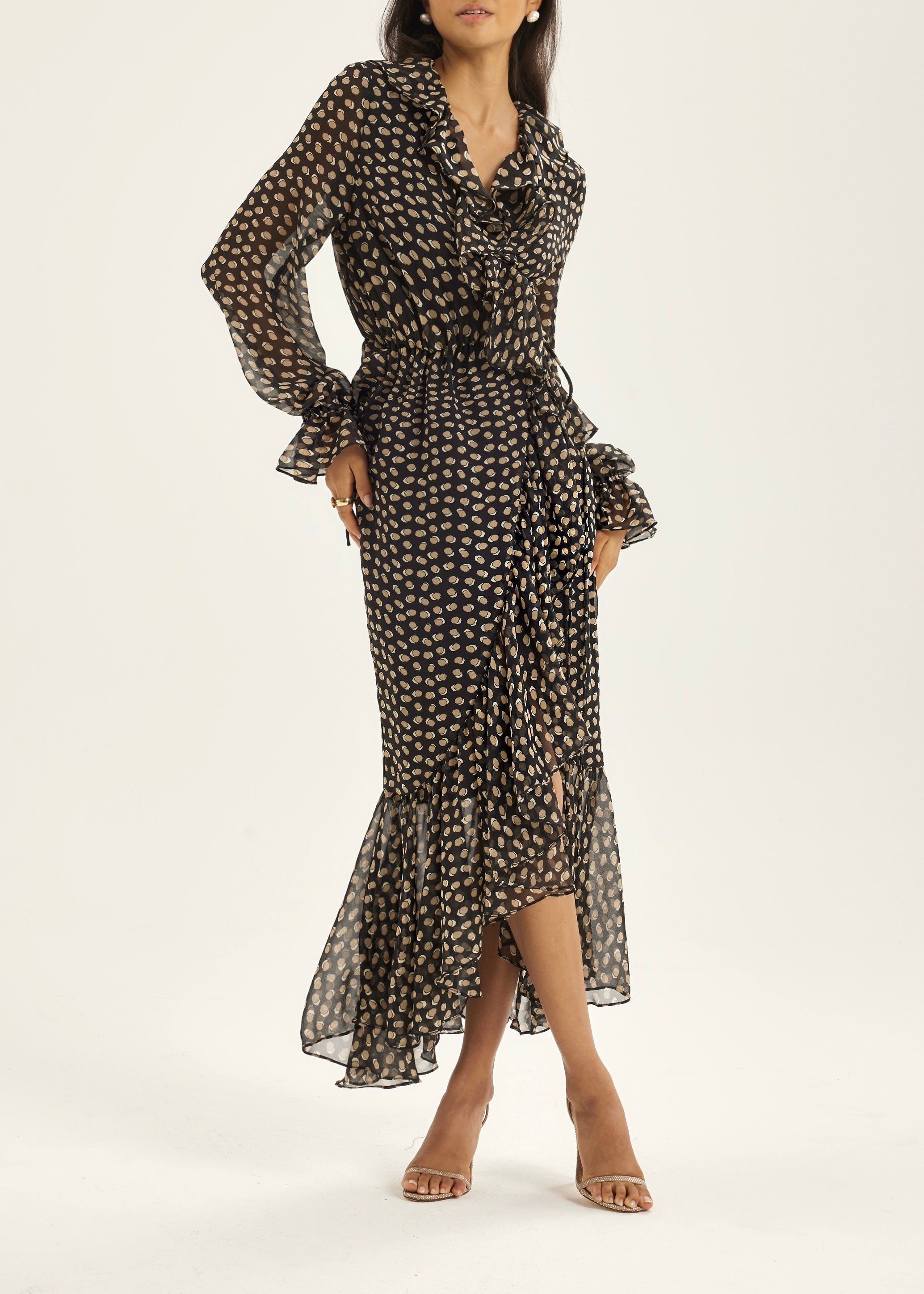 Meryl Tie Wrap Printed Maxi Dress | Black/Brown