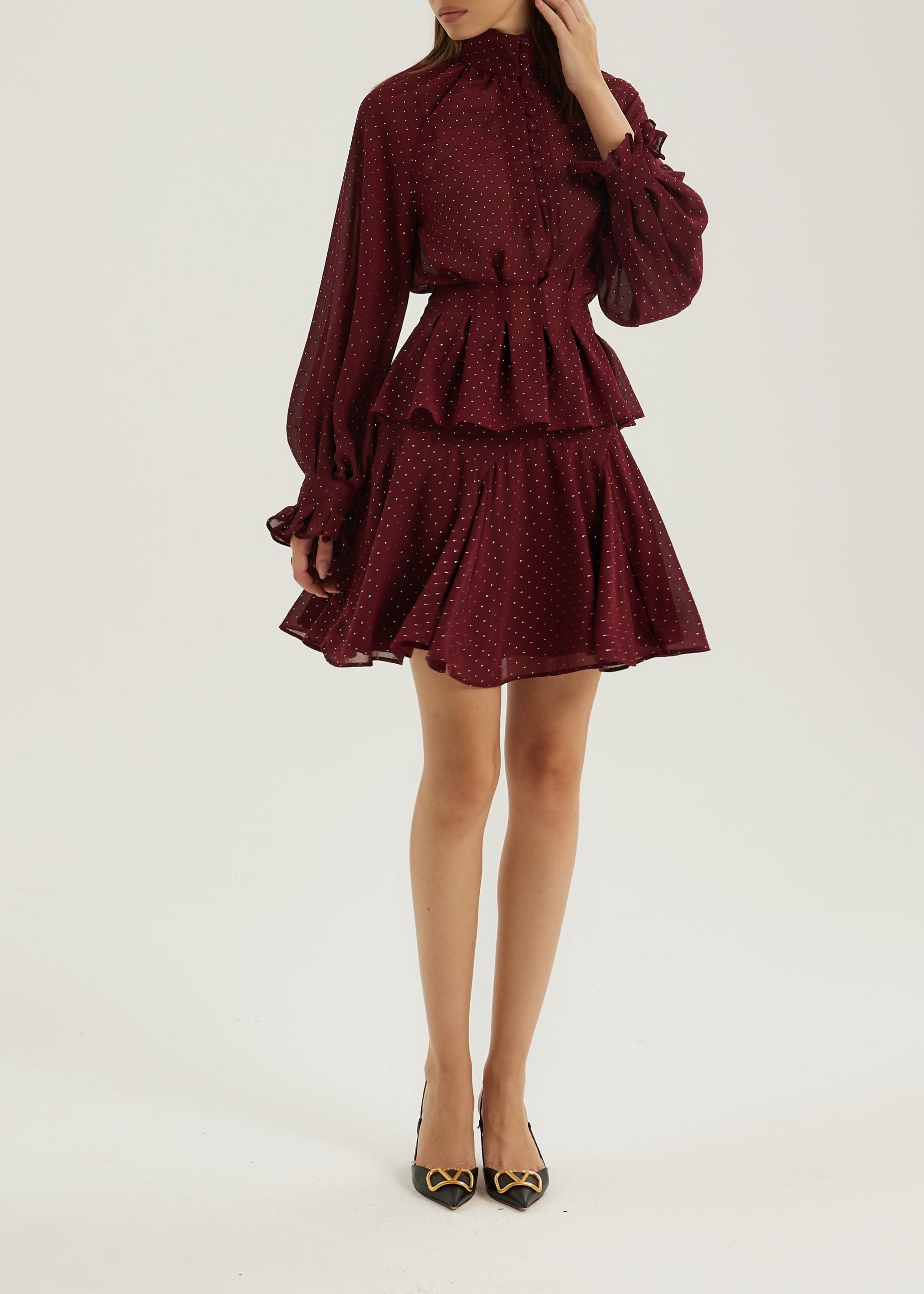 Allegra Pinch Waist Polka Dot Blouse | Merlot/Gold