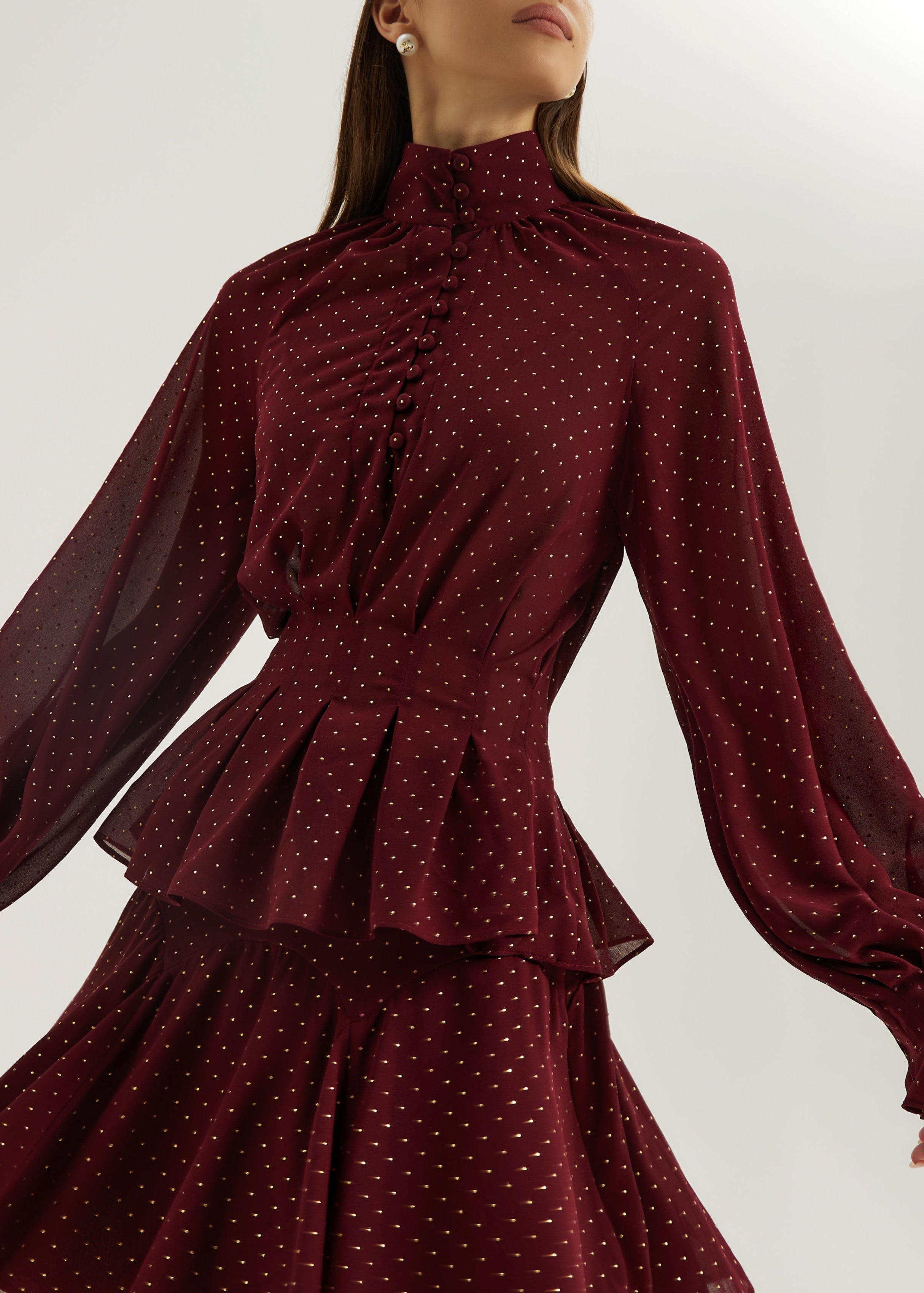 Allegra Pinch Waist Polka Dot Blouse | Merlot/Gold