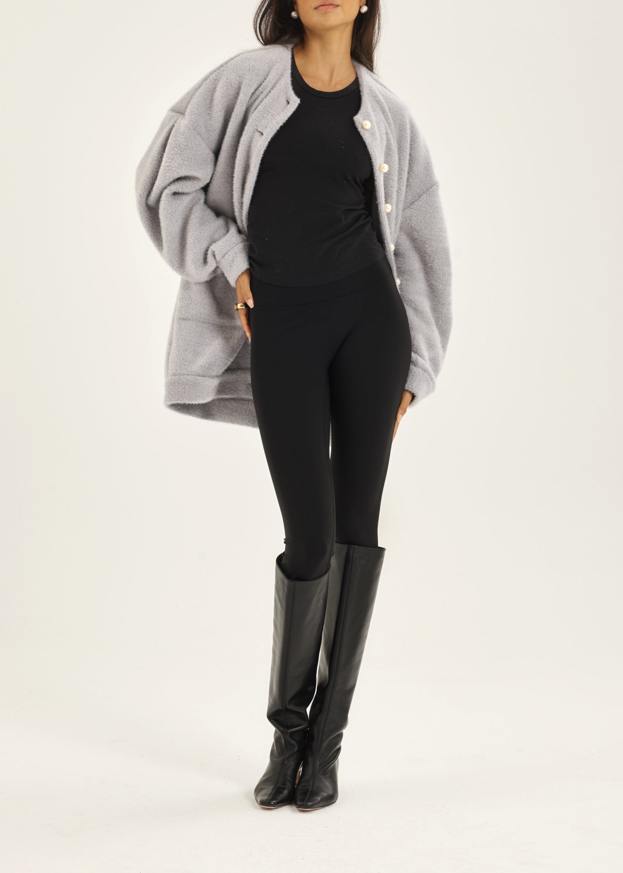 Corrine Pearl Button Cardigan Coat | Grey