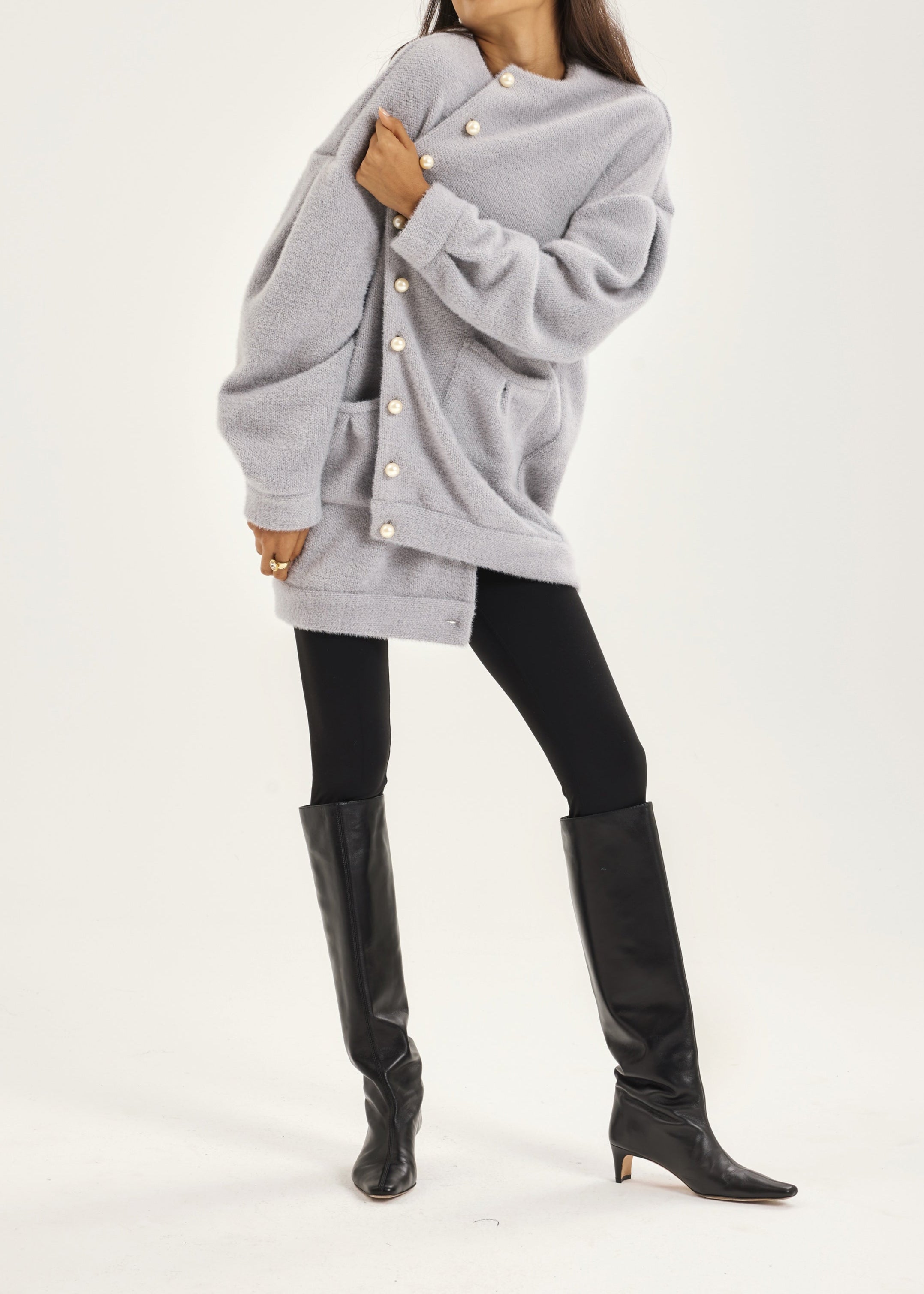Corrine Pearl Button Cardigan Coat | Grey