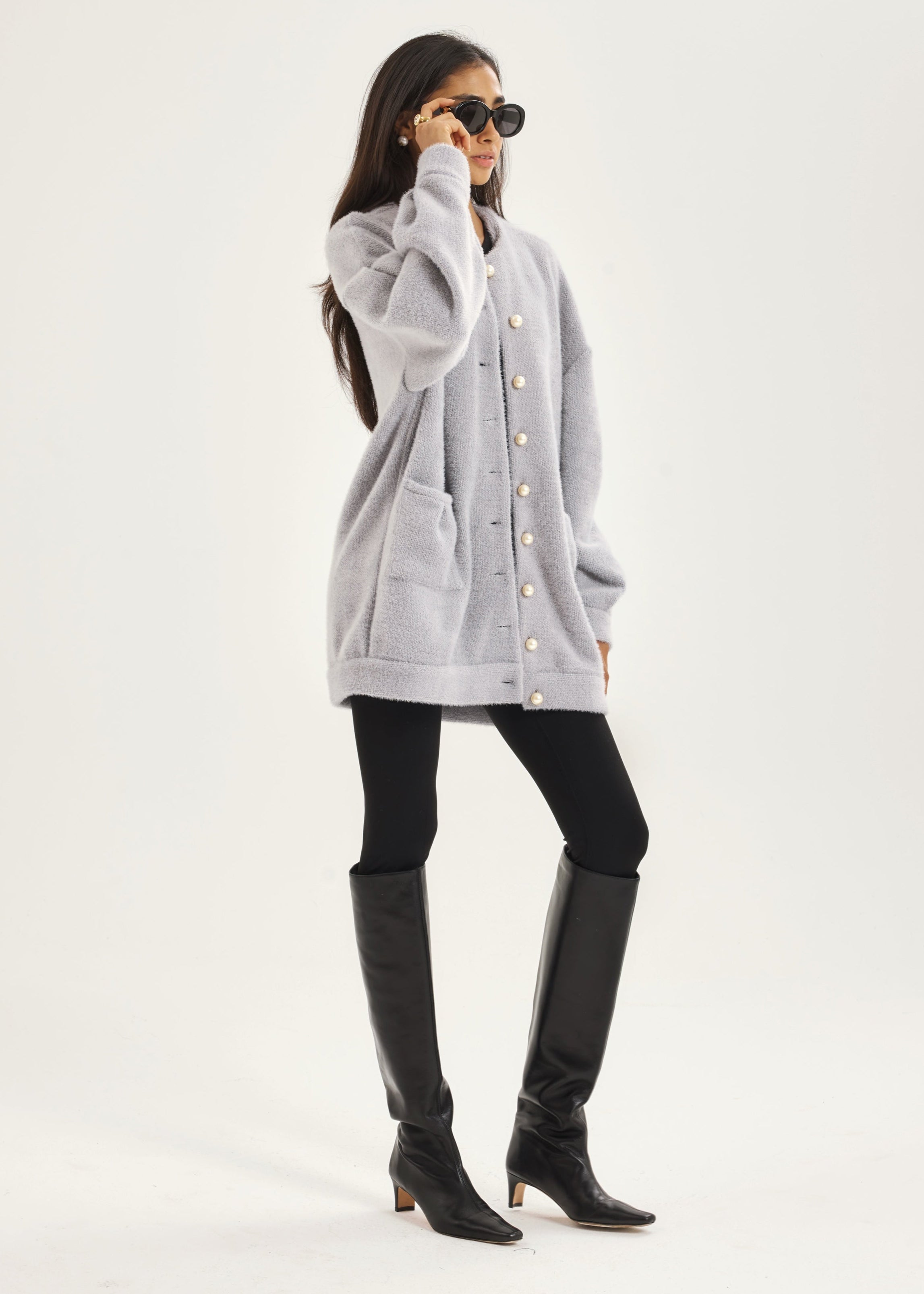 Corrine Pearl Button Cardigan Coat | Grey