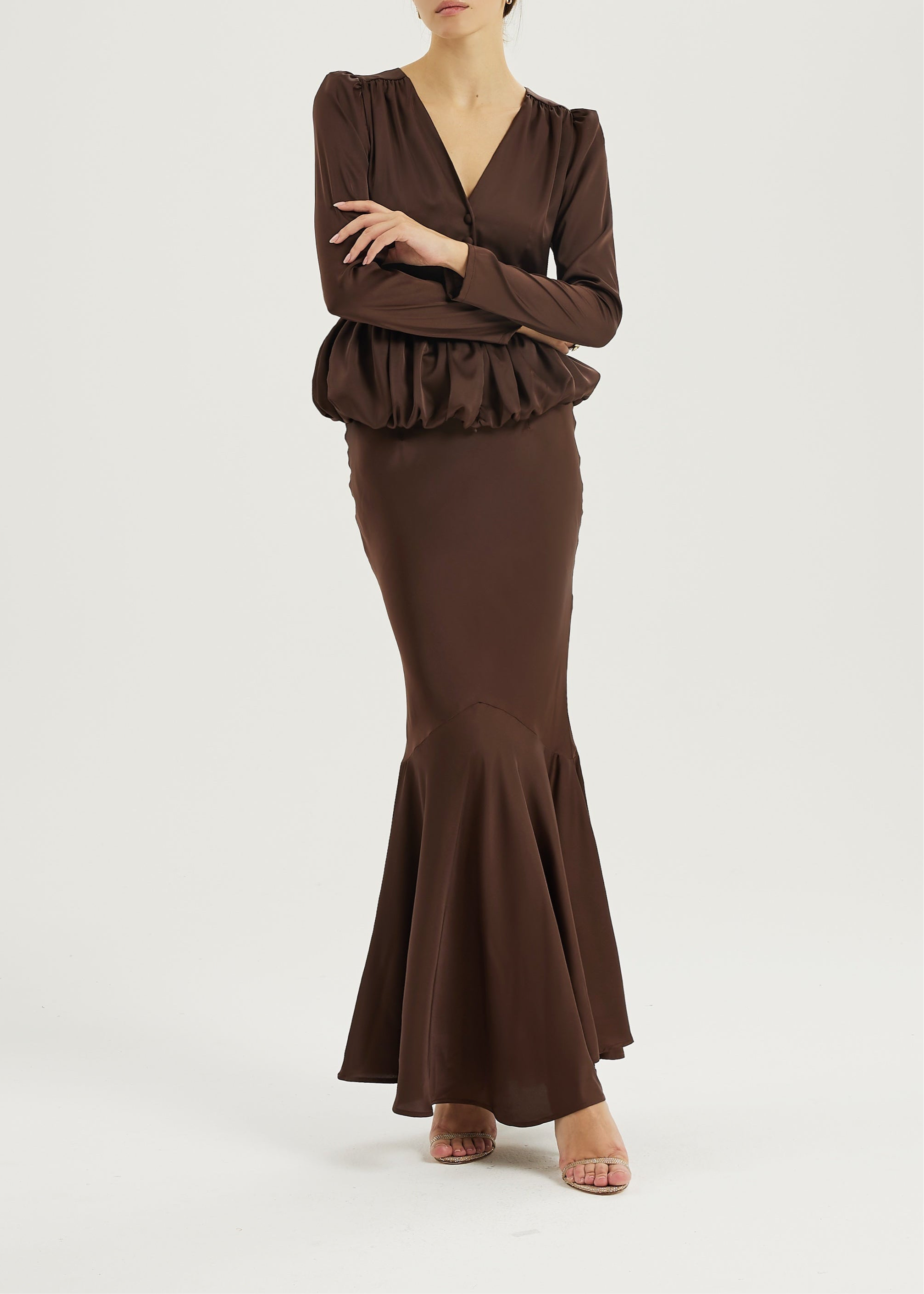 Bianca Bias Cut Peplum Elegance Skirt | Cocoa