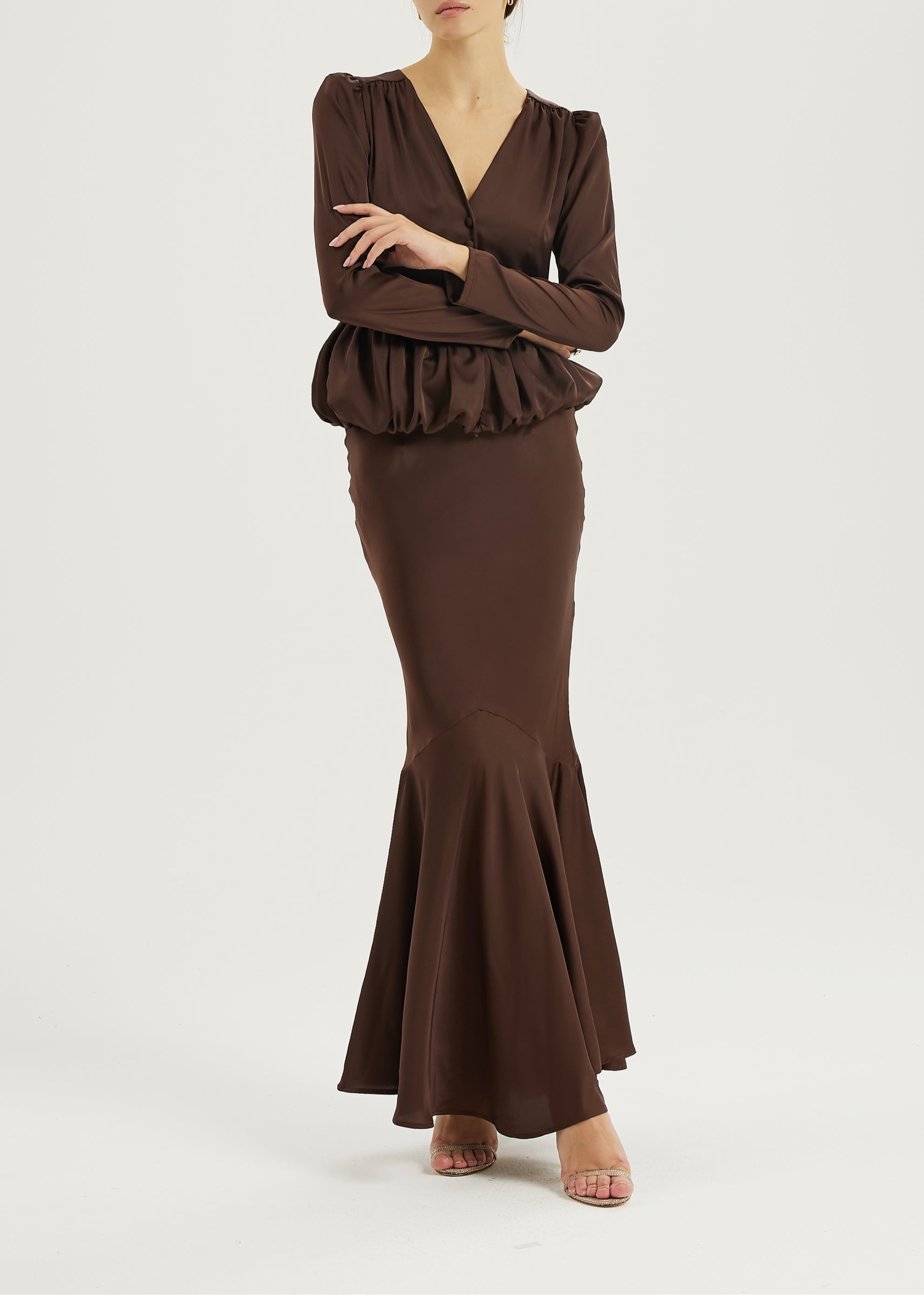 Alexandra Puffball Hem Satin Blouse | Cocoa