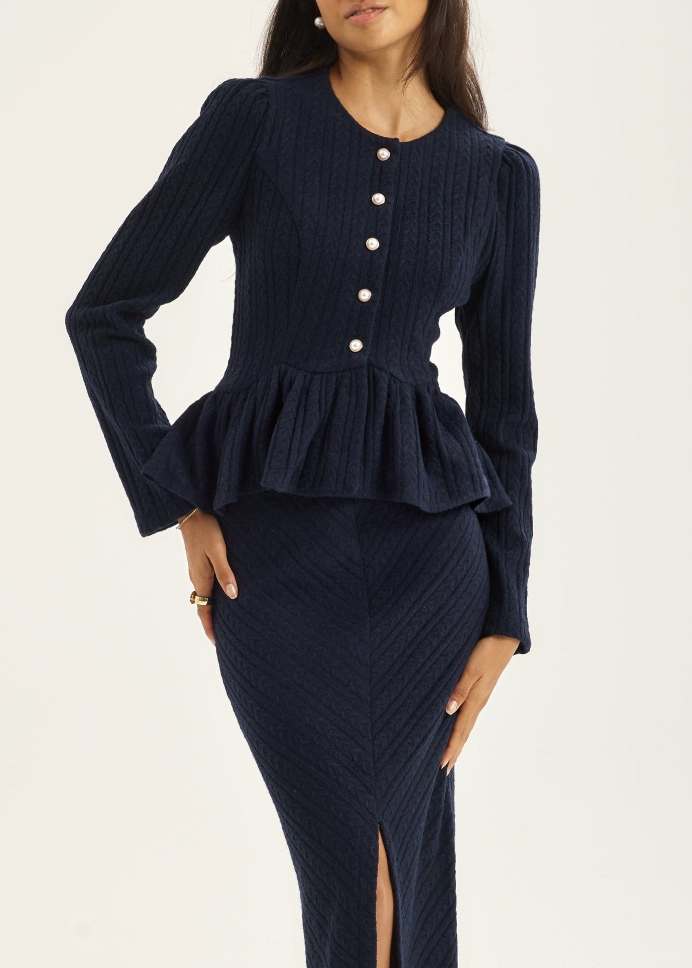 Daria Cable Knit Peplum Cardigan | Navy