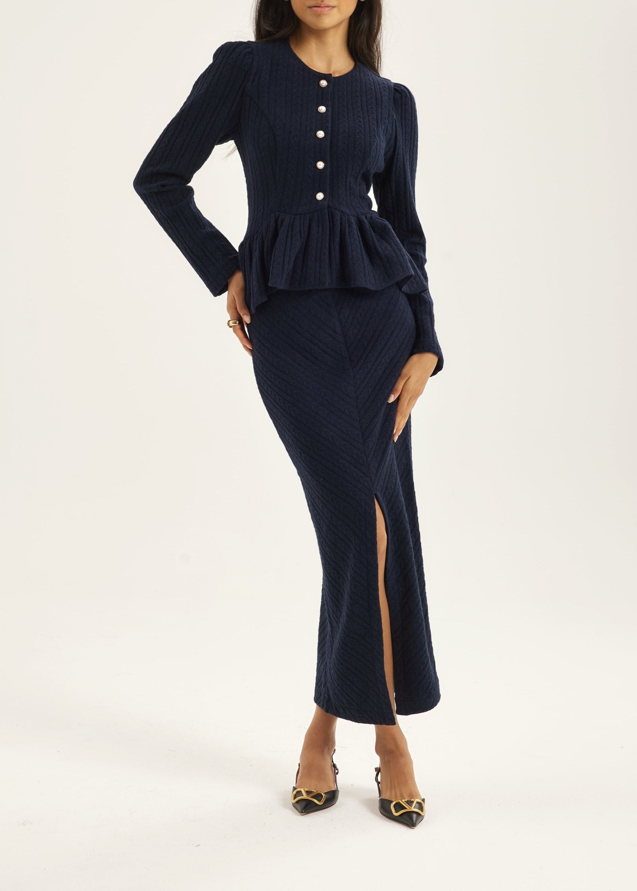 Daria Cable Knit Pencil Skirt | Navy