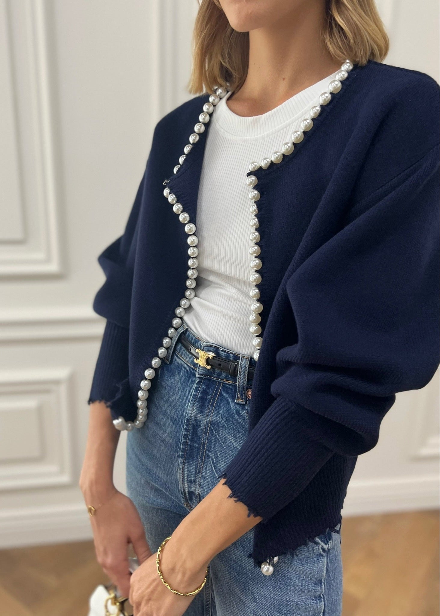 Isabella Pearl Edge Cardigan | Navy