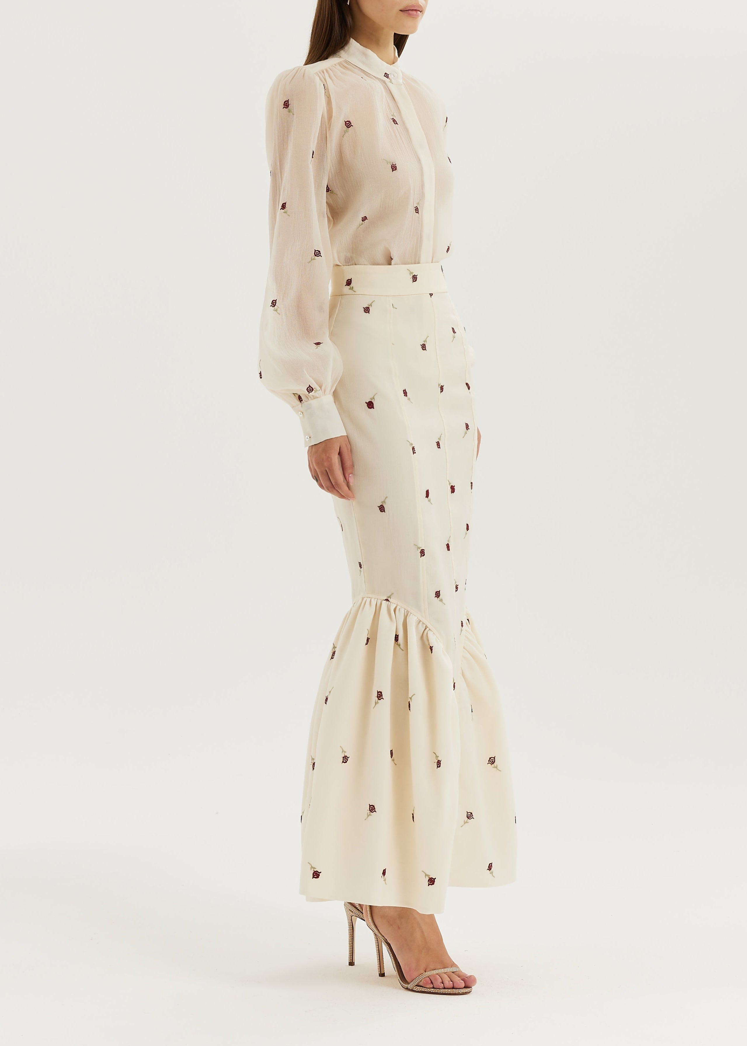 Sophia Panelled & Peplum Pencil Skirt | Ivory/Red