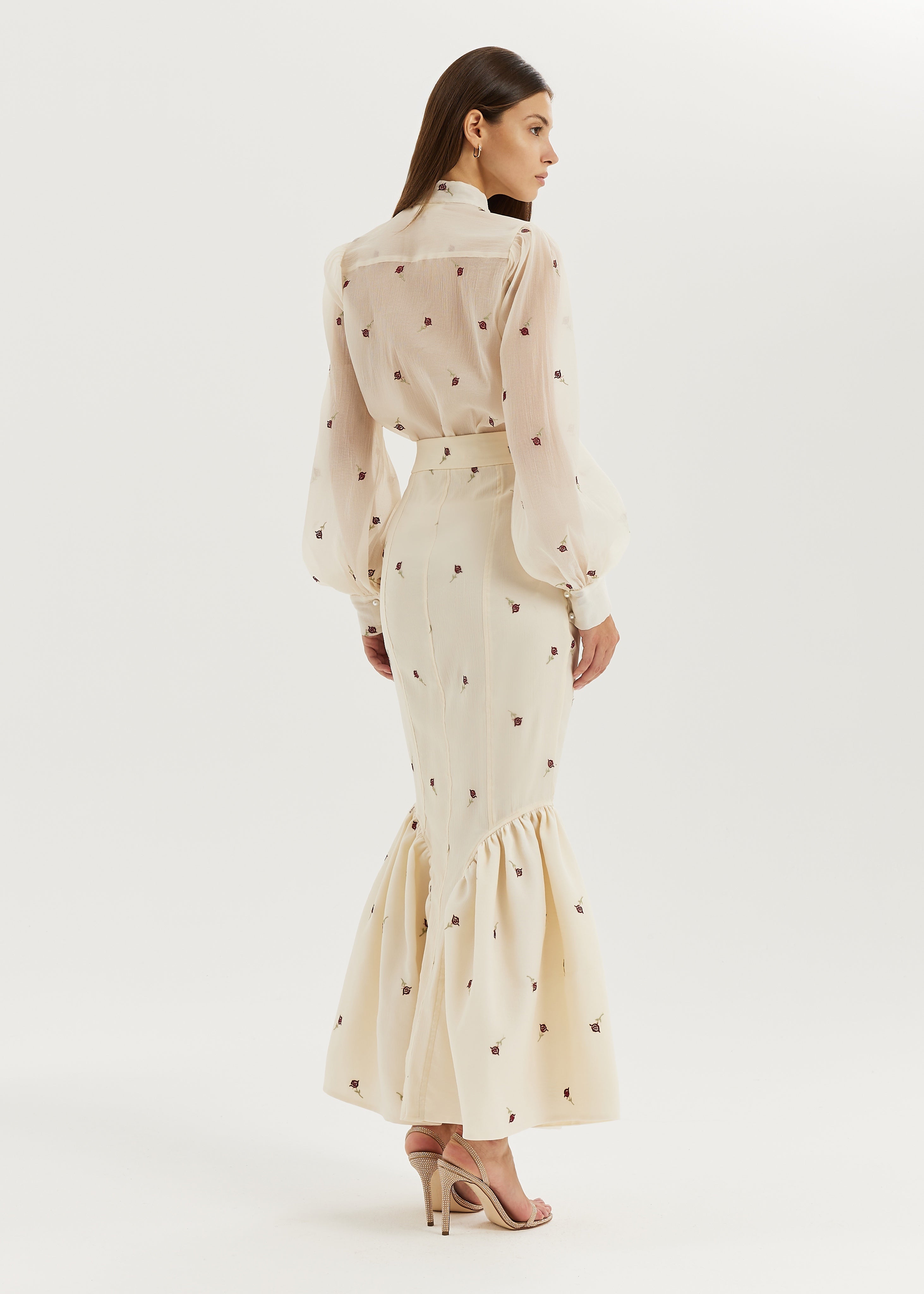 Sophia Panelled & Peplum Pencil Skirt | Ivory/Red