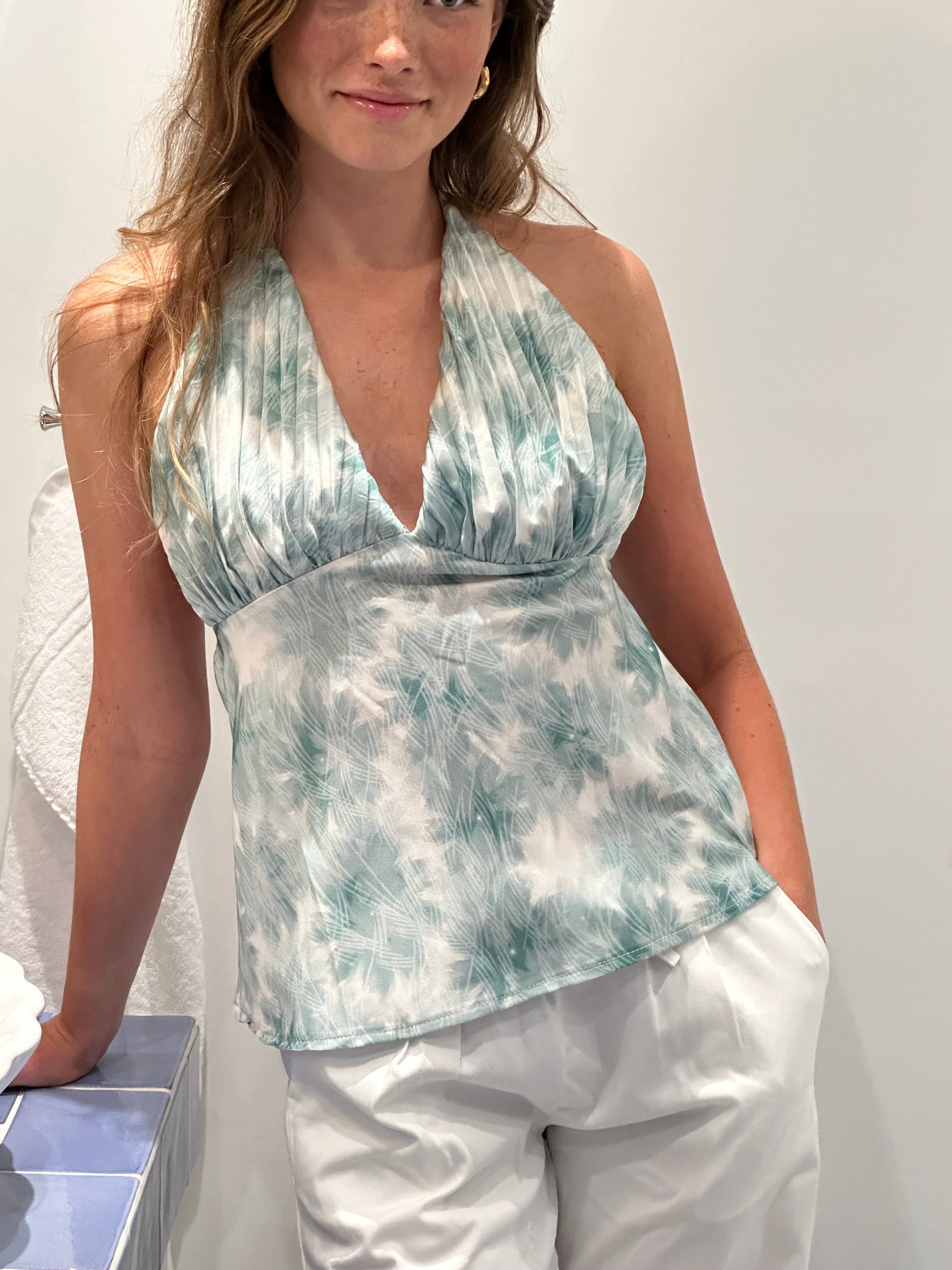 Alexandrine satin top - Turquoise