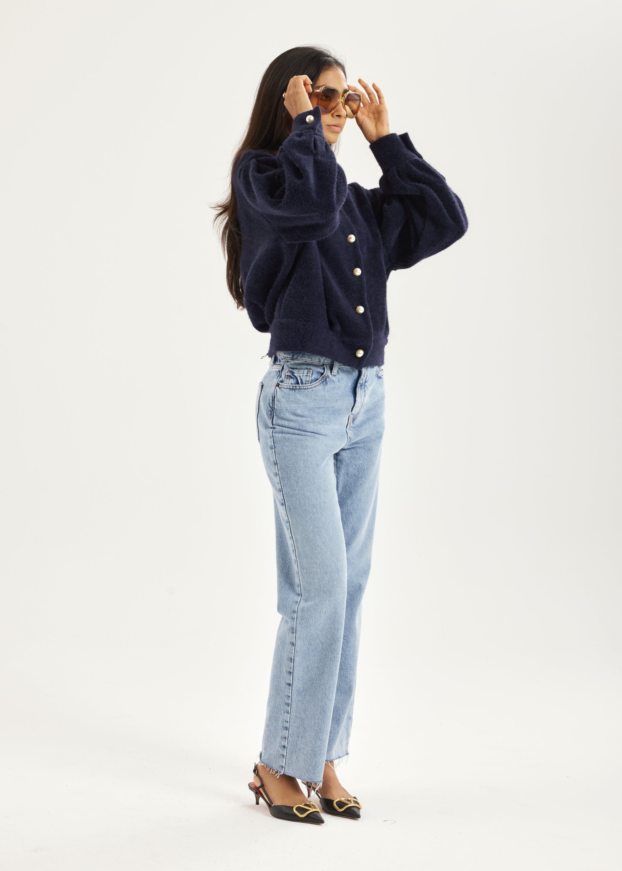 Matilde Pearl Button Soft Knit Cardigan | Navy