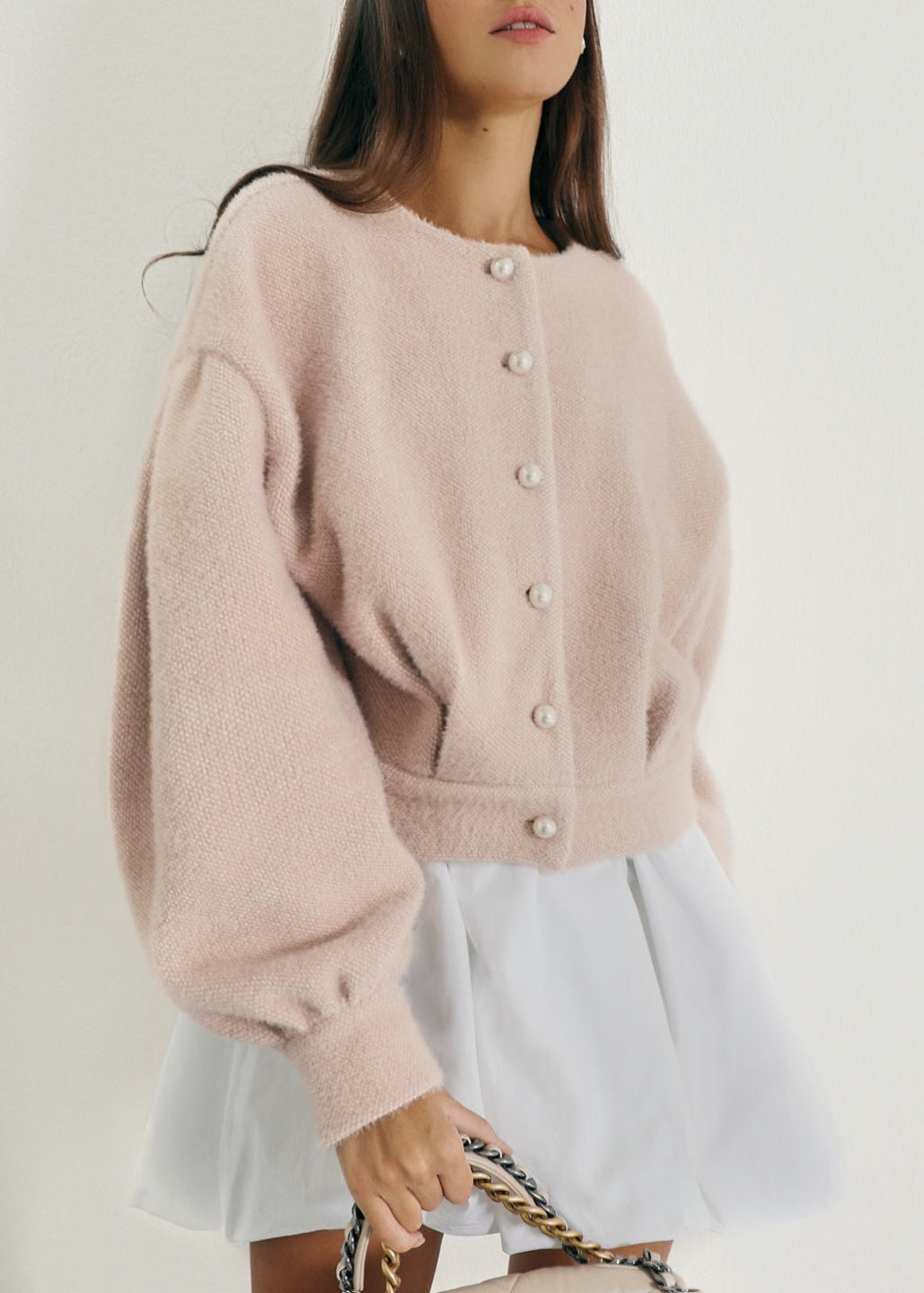 Matilde Pearl Button Soft Knit Cardigan | Cafe Au Lait