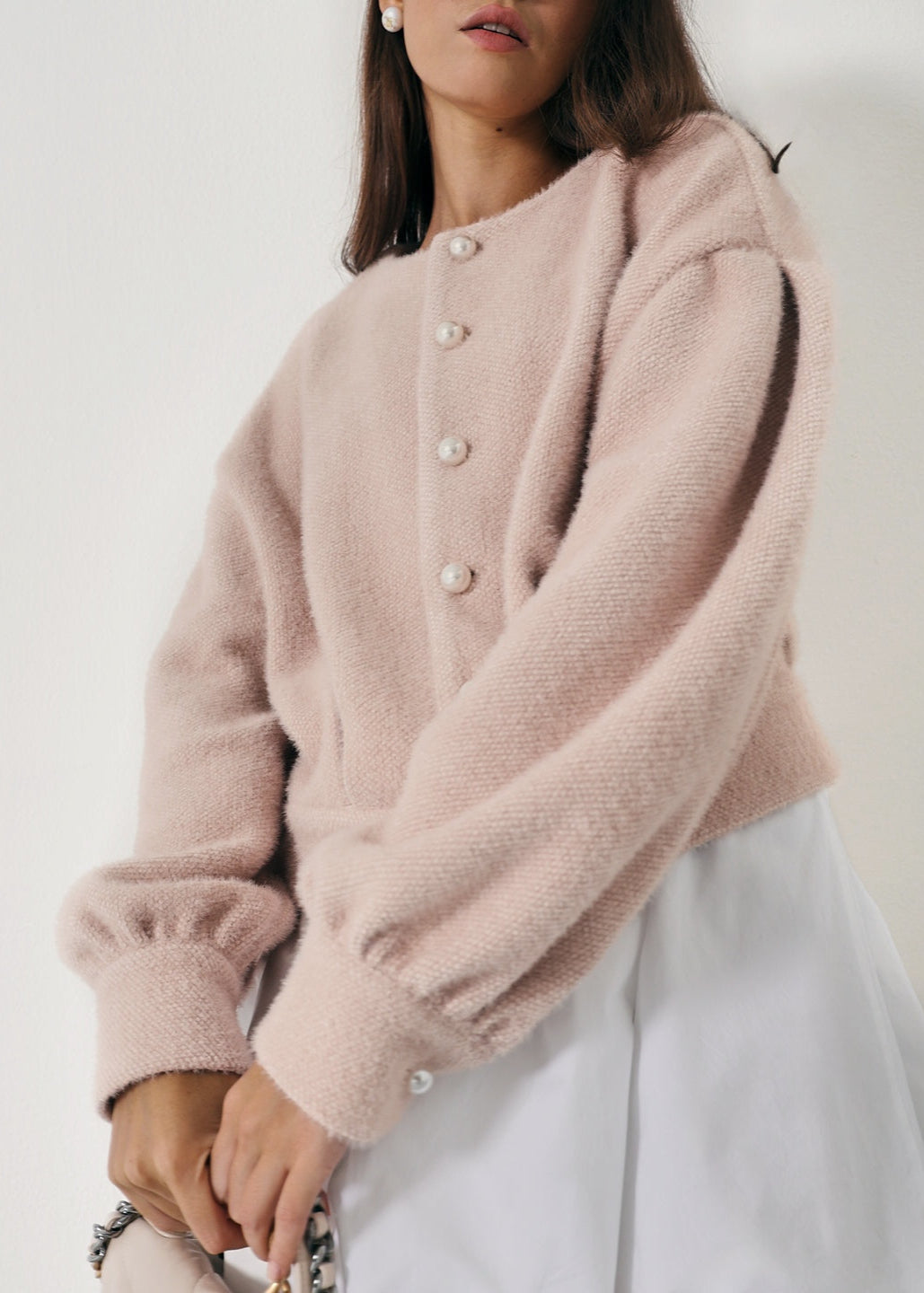 Matilde Pearl Button Soft Knit Cardigan | Cafe Au Lait