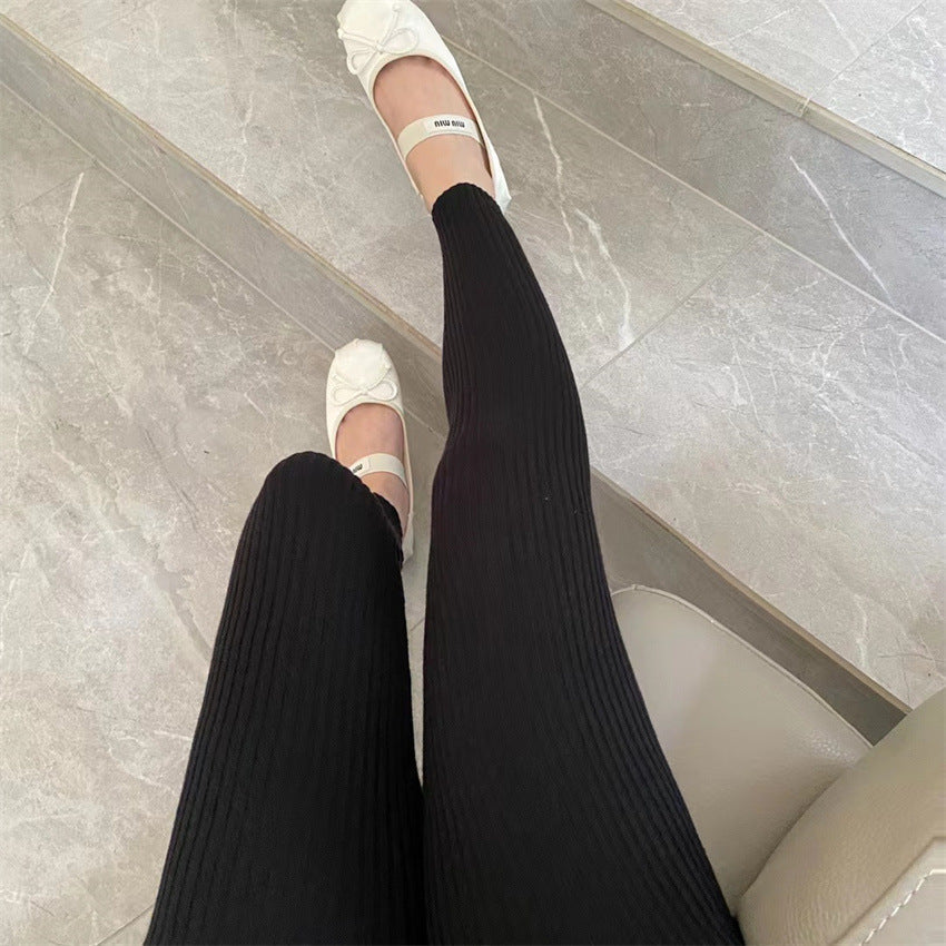 Ribbet naadloze tights med høy midje – Creme