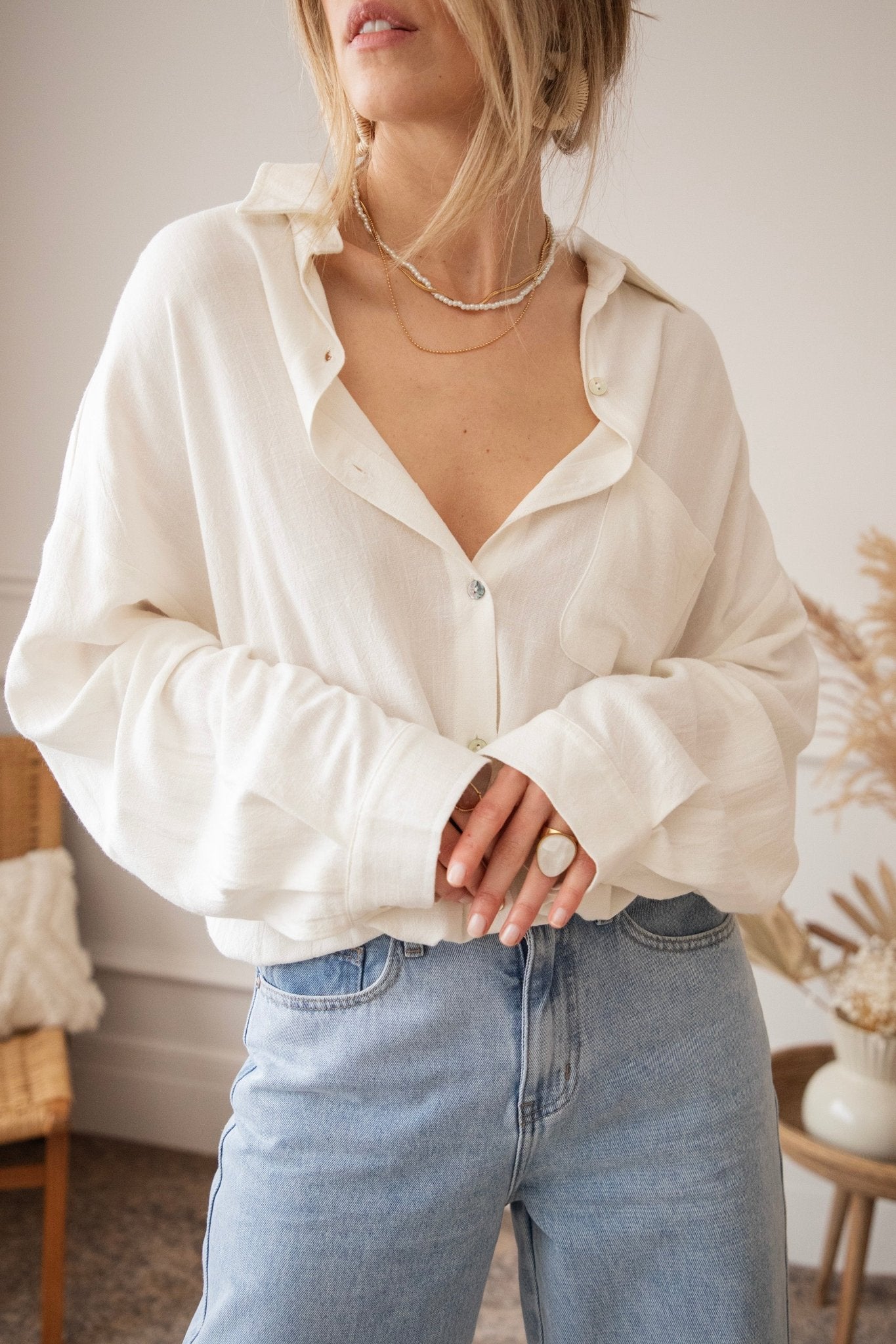 LØS LINBLUSE – BEIGE | OVERSIZE TRENDY SOMMERBLUSSE
