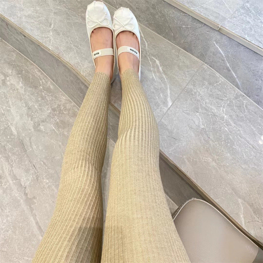 Ribbet naadloze tights med høy midje – Creme