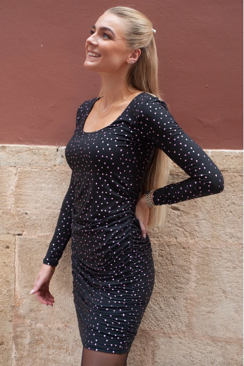 Alma Ls Turn Dress | Black Pink Holographic Dot | Kjole fra Liberté