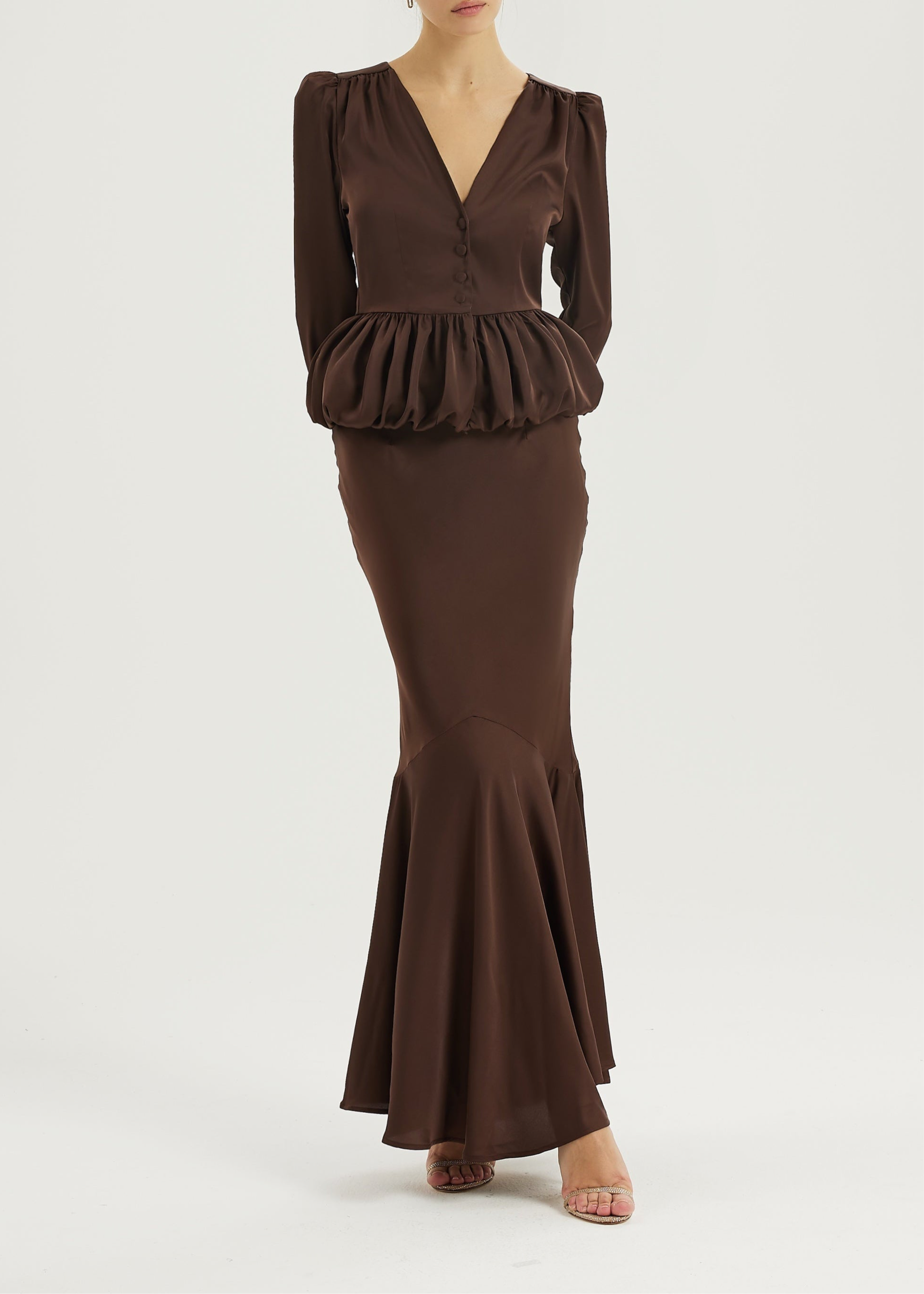 Alexandra Puffball Hem Satin Blouse | Cocoa