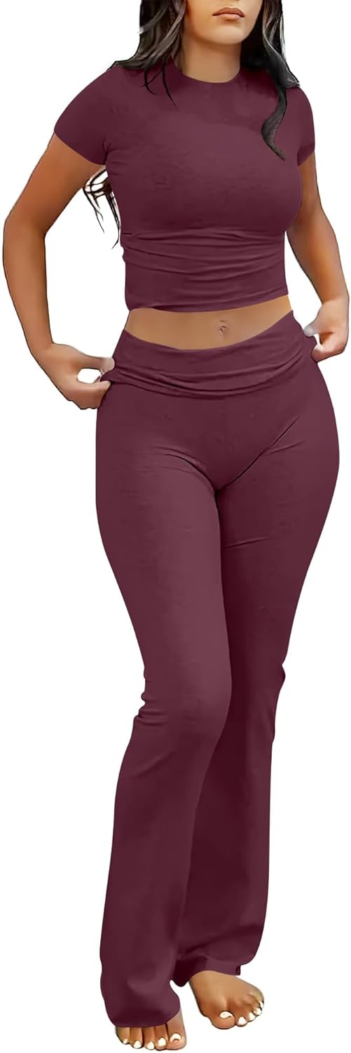 ANRABESS DAME LONGWEAR – TRENDY 2-DELT SETT MED FLAREBUKSE &amp; CROP TOP