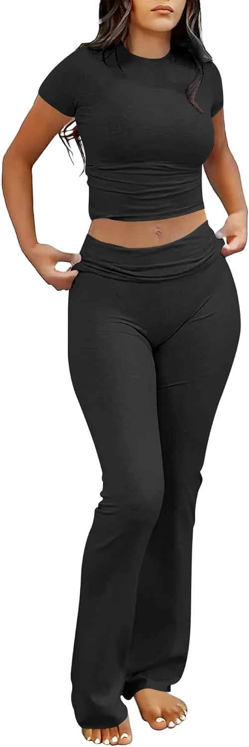 ANRABESS DAME LONGWEAR – TRENDY 2-DELT SETT MED FLAREBUKSE &amp; CROP TOP