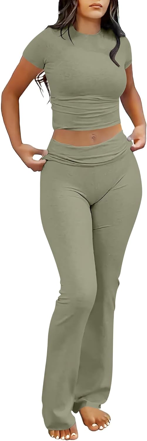 ANRABESS DAME LONGWEAR – TRENDY 2-DELT SETT MED FLAREBUKSE &amp; CROP TOP