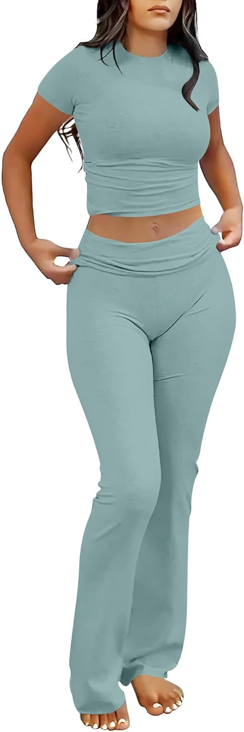 ANRABESS DAME LONGWEAR – TRENDY 2-DELT SETT MED FLAREBUKSE &amp; CROP TOP