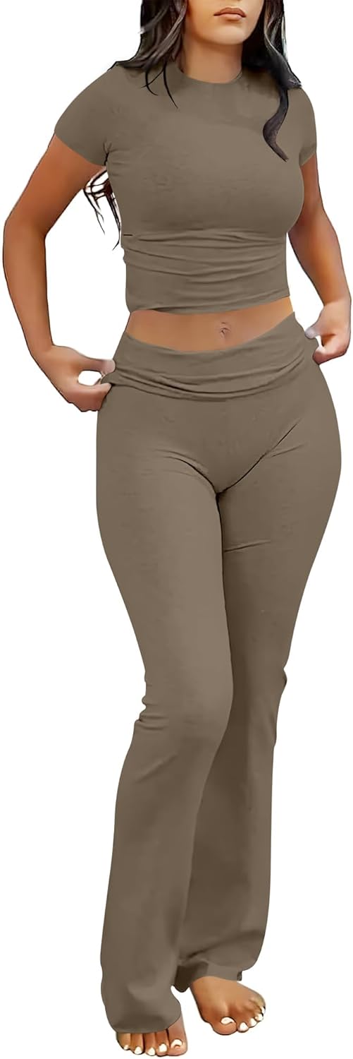 ANRABESS DAME LONGWEAR – TRENDY 2-DELT SETT MED FLAREBUKSE &amp; CROP TOP