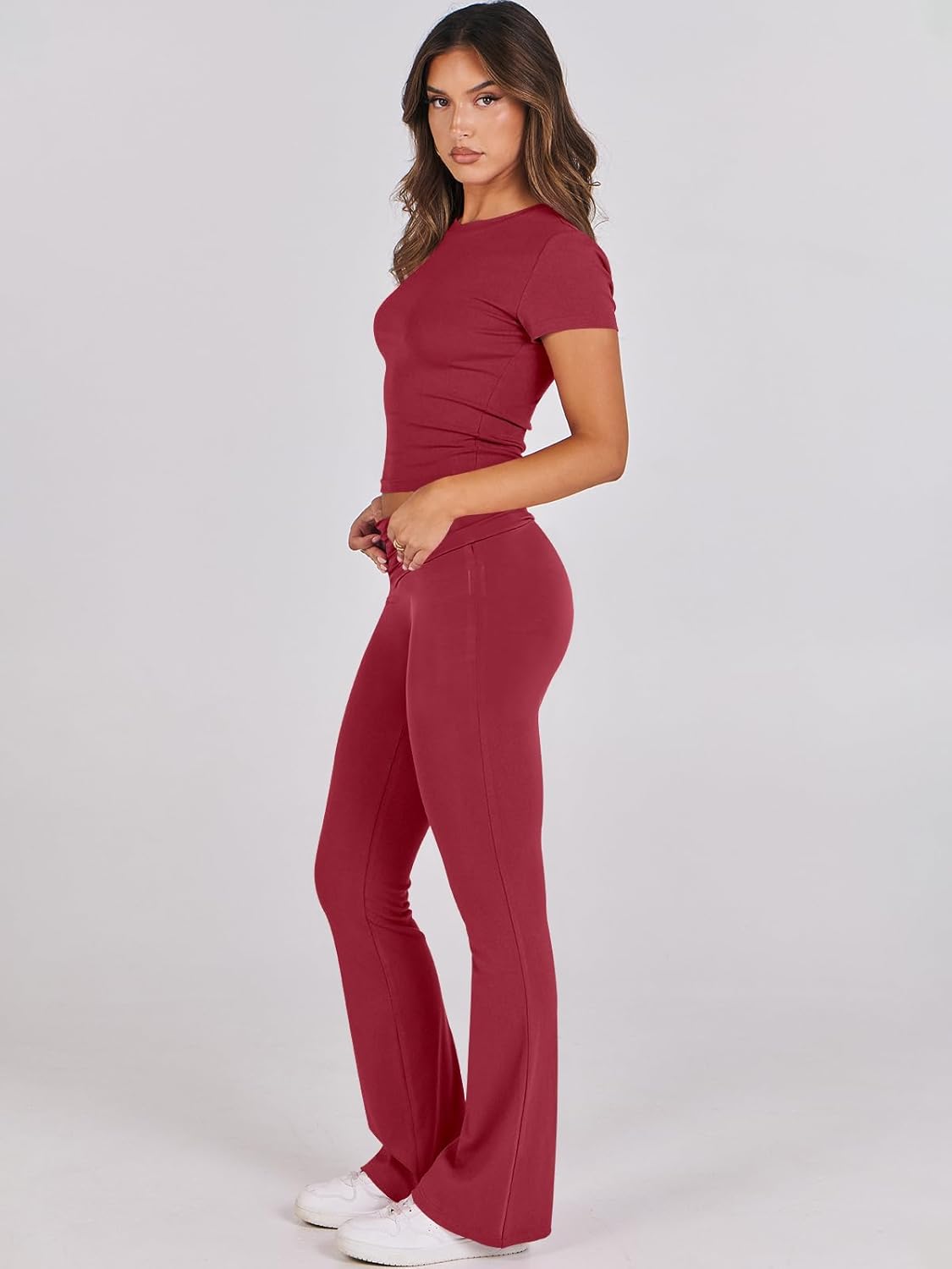 ANRABESS DAME LONGWEAR – TRENDY 2-DELT SETT MED FLAREBUKSE &amp; CROP TOP