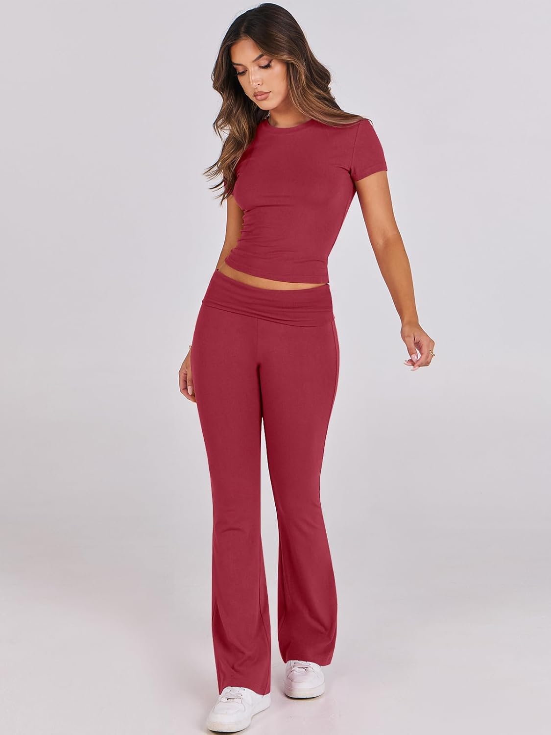 ANRABESS DAME LONGWEAR – TRENDY 2-DELT SETT MED FLAREBUKSE &amp; CROP TOP