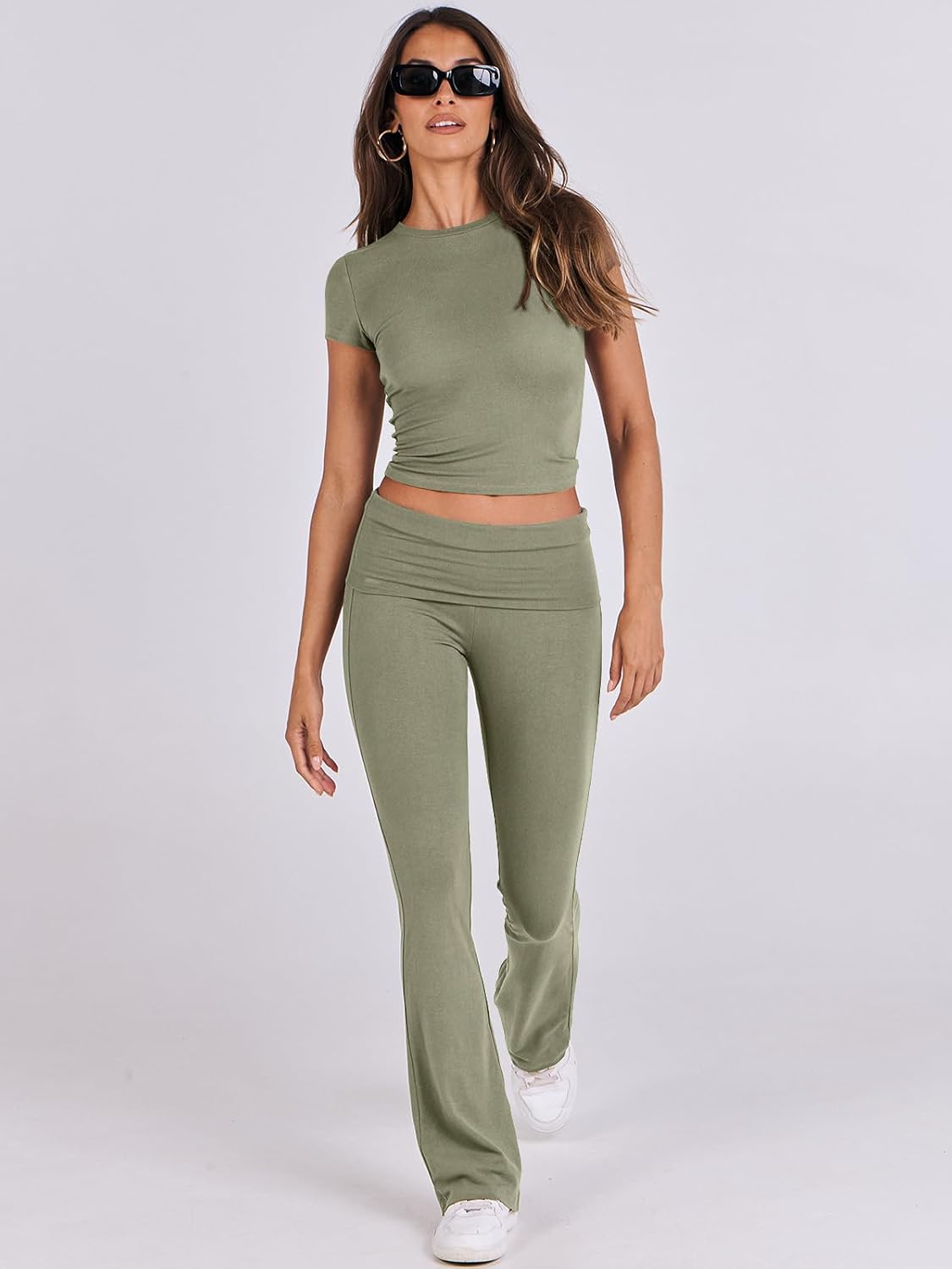 ANRABESS DAME LONGWEAR – TRENDY 2-DELT SETT MED FLAREBUKSE &amp; CROP TOP
