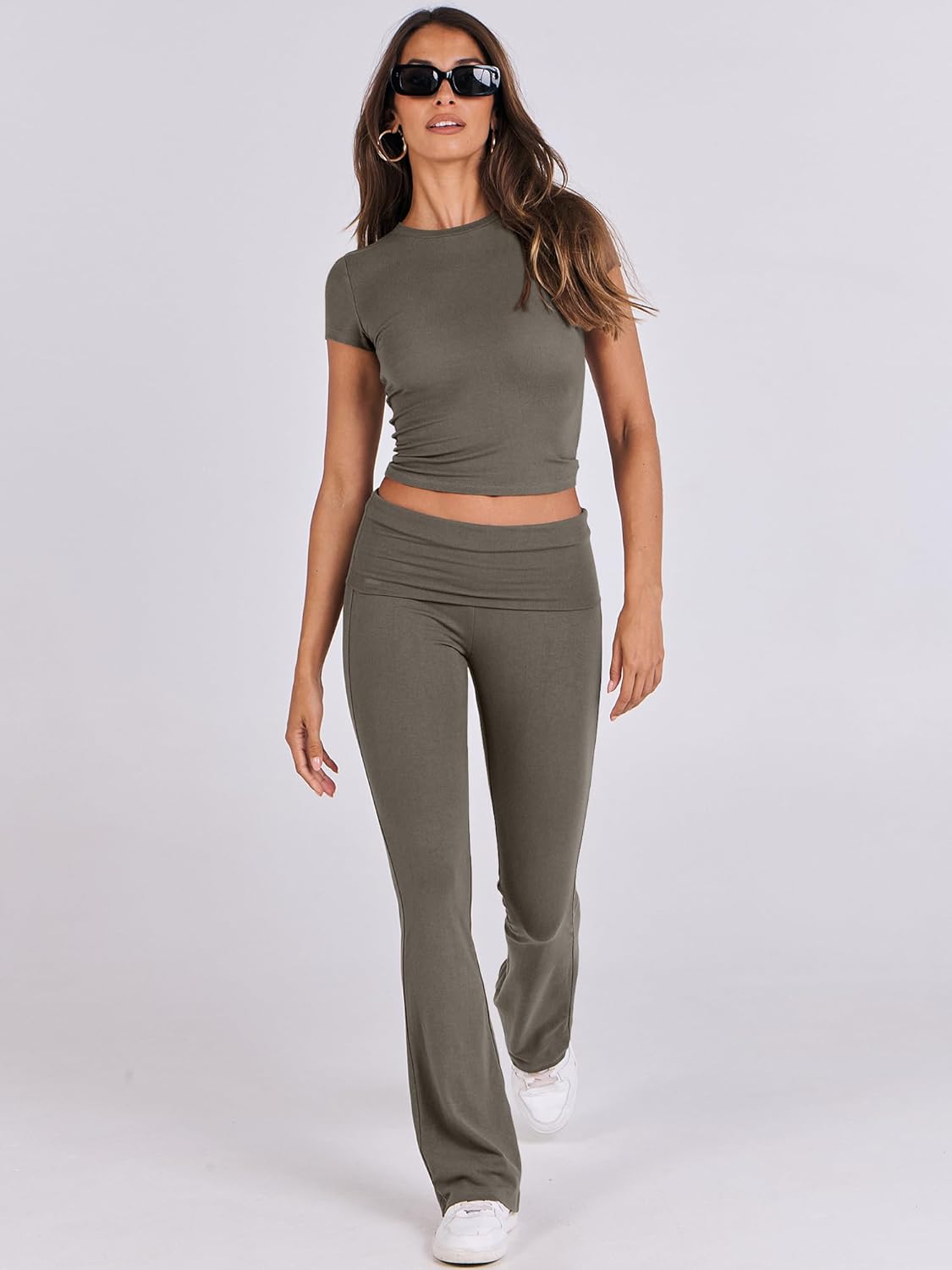 ANRABESS DAME LONGWEAR – TRENDY 2-DELT SETT MED FLAREBUKSE &amp; CROP TOP