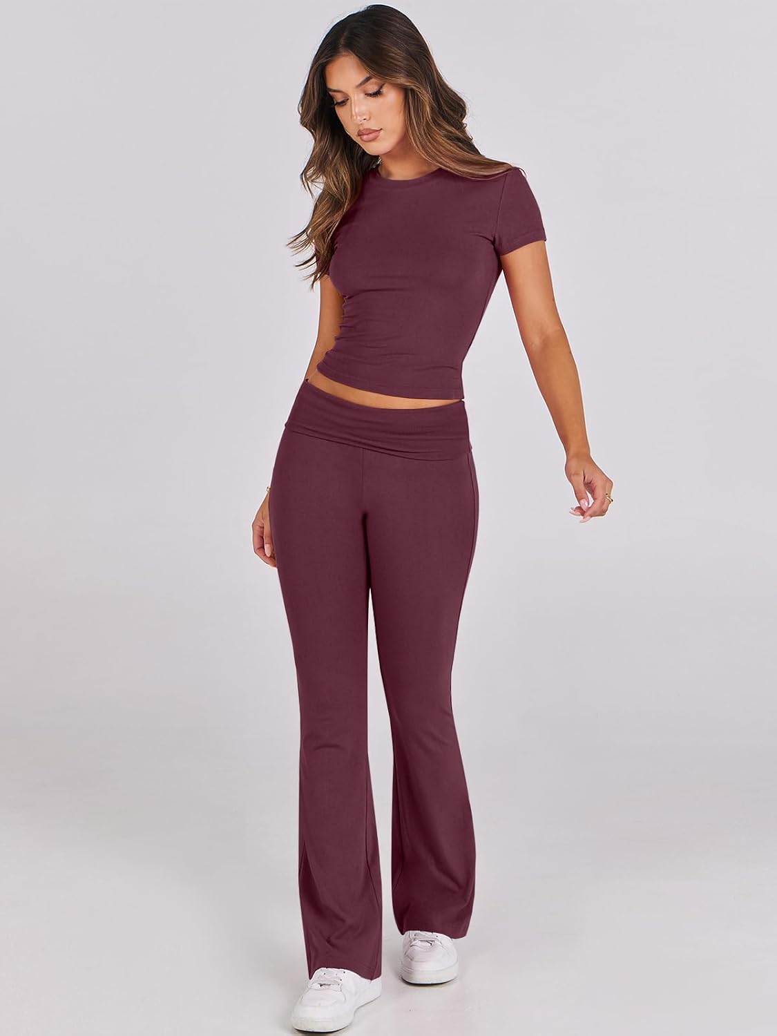 ANRABESS DAME LONGWEAR – TRENDY 2-DELT SETT MED FLAREBUKSE &amp; CROP TOP