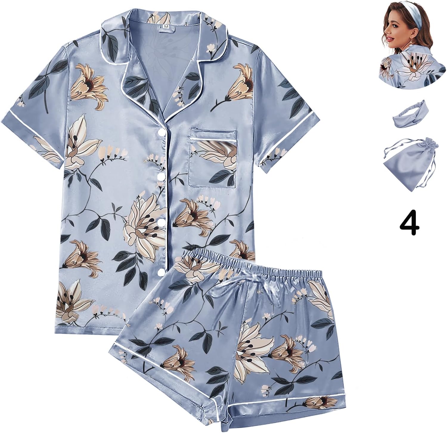 DAMEPYJAMAS I SATENG – 4-DELT SETT MED BLOMSTERMØNSTER | LUKSUSNATTØY XS–4XL 