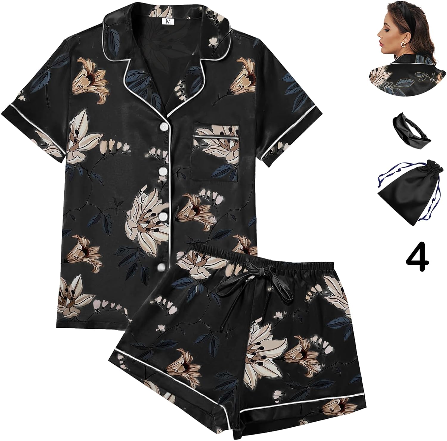 DAMEPYJAMAS I SATENG – 4-DELT SETT MED BLOMSTERMØNSTER | LUKSUSNATTØY XS–4XL 