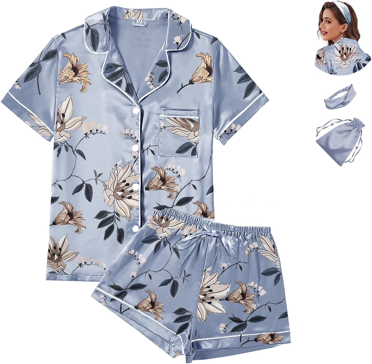 DAMEPYJAMAS I SATENG – 4-DELT SETT MED BLOMSTERMØNSTER | LUKSUSNATTØY XS–4XL 
