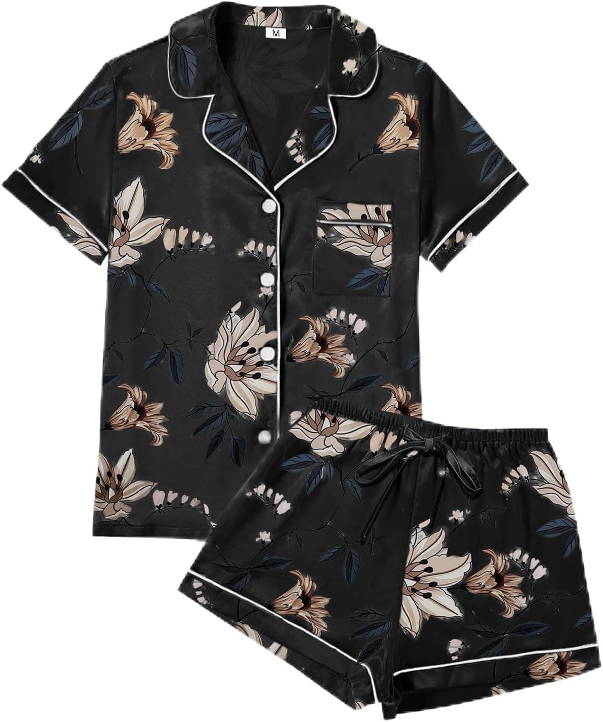 DAMEPYJAMAS I SATENG – 4-DELT SETT MED BLOMSTERMØNSTER | LUKSUSNATTØY XS–4XL 