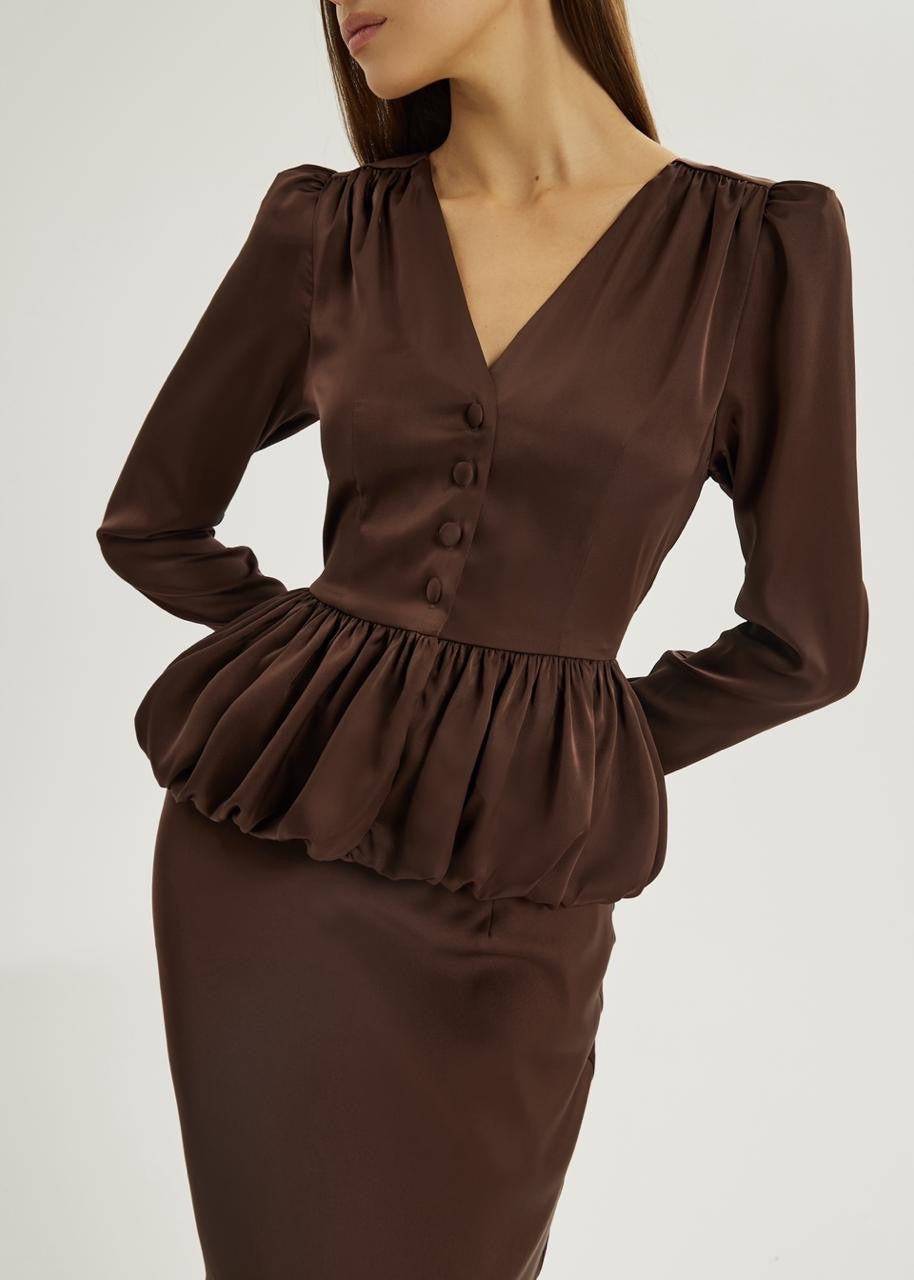 Alexandra Puffball Hem Satin Blouse | Cocoa