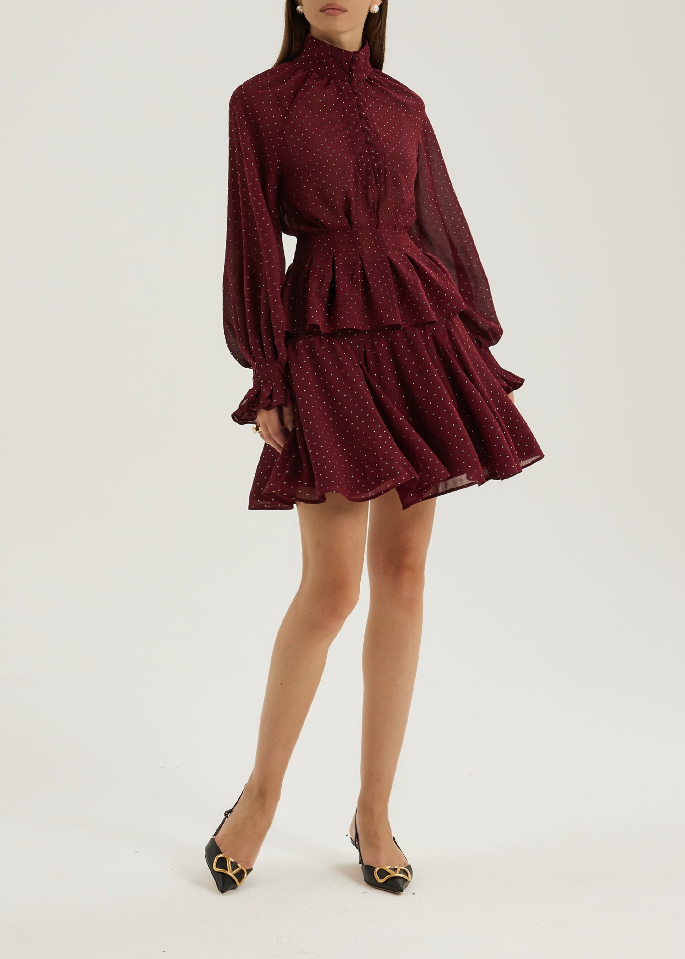 Allegra Pinch Waist Polka Dot Blouse | Merlot/Gold