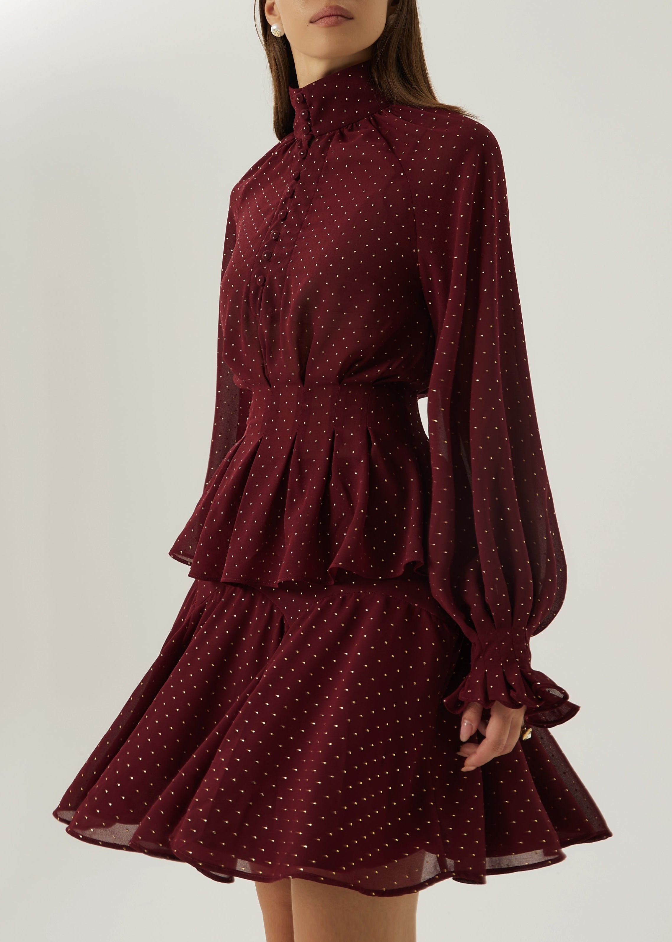 Allegra Pinch Waist Polka Dot Blouse | Merlot/Gold