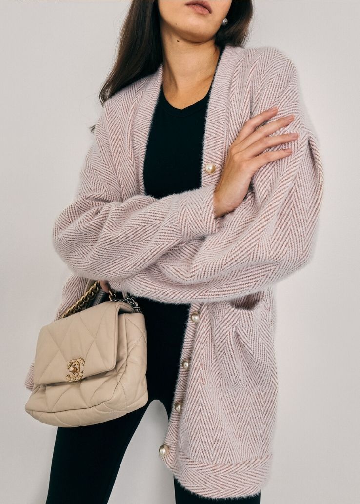 Arabelle Chevron Cosy Cardigan | Pink/White